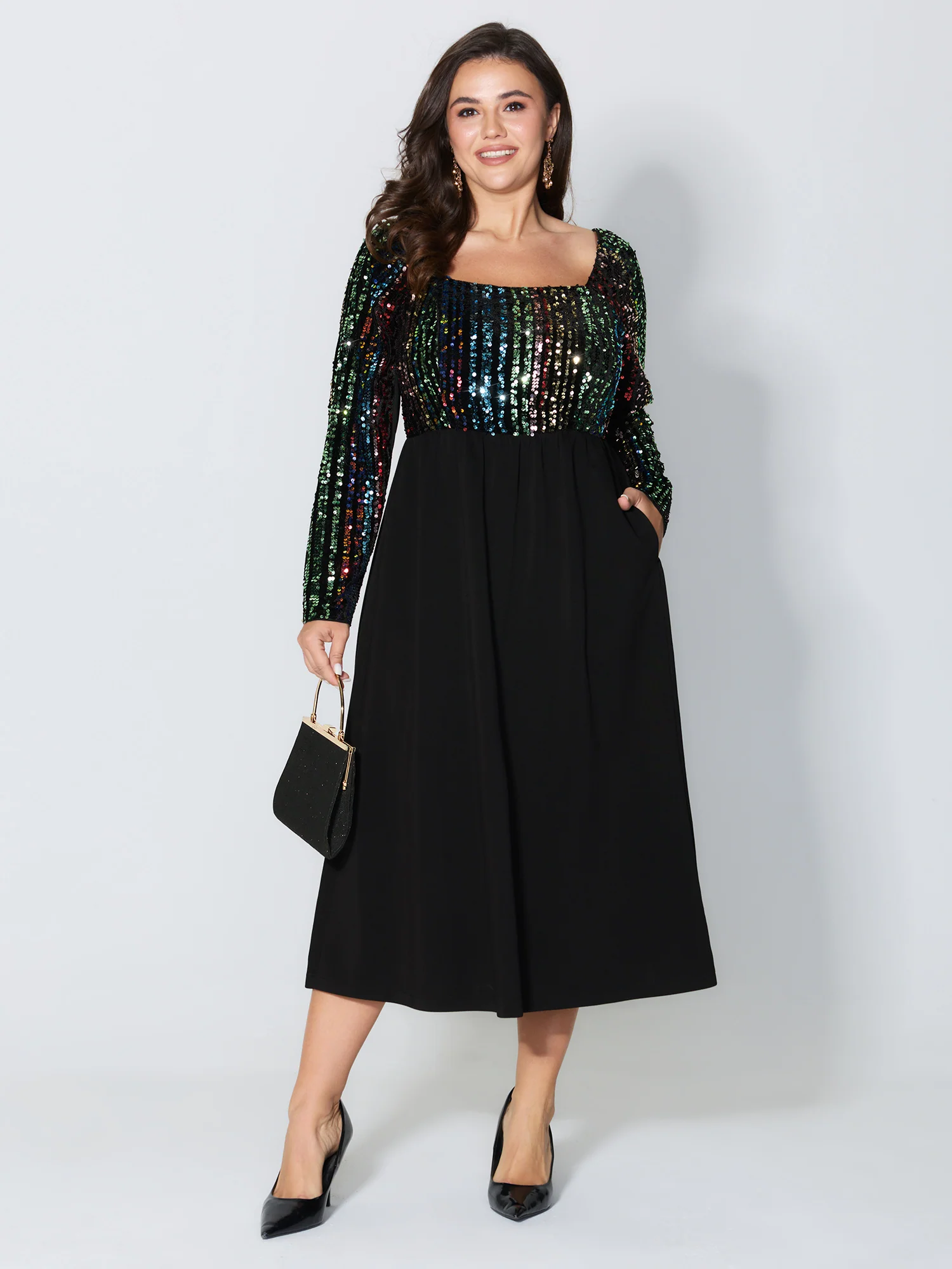 Sparkly Colorful Sequins Contrast Midi Dress