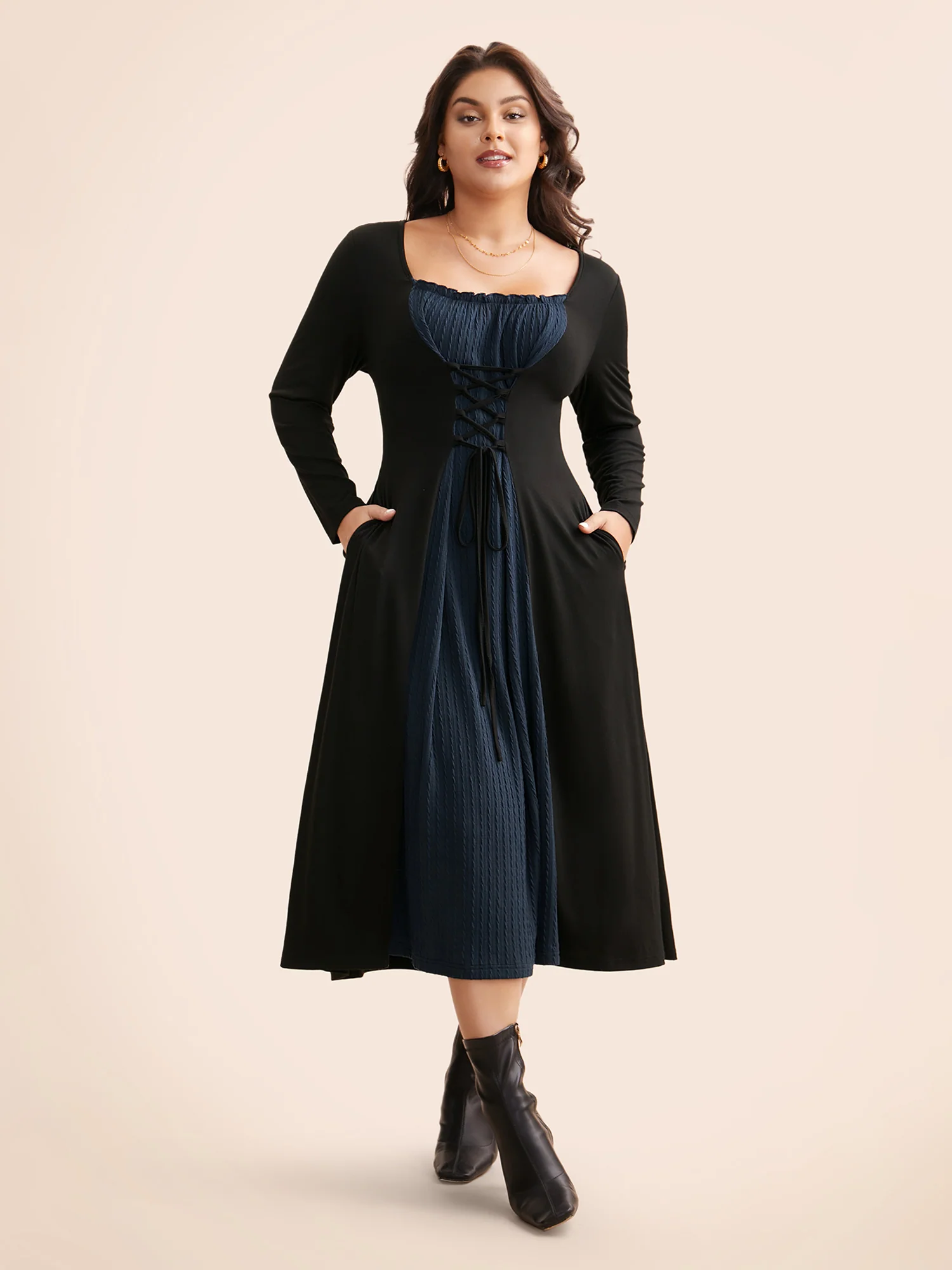 Square Neck Textured Patchwork Crisscross Dress - Image 4
