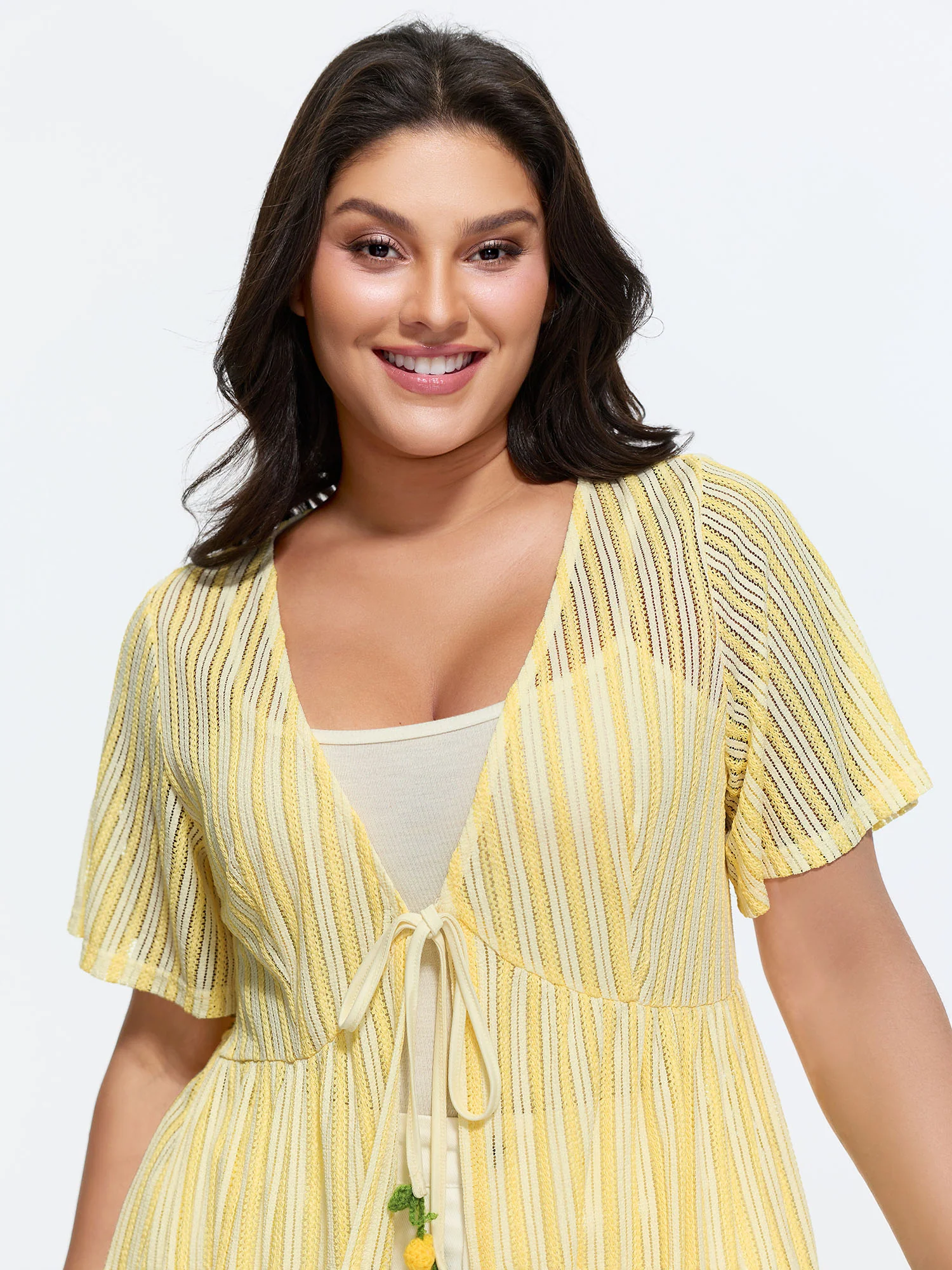 Stretchy Hollowed-Out Front-Tie Shirt - Image 2