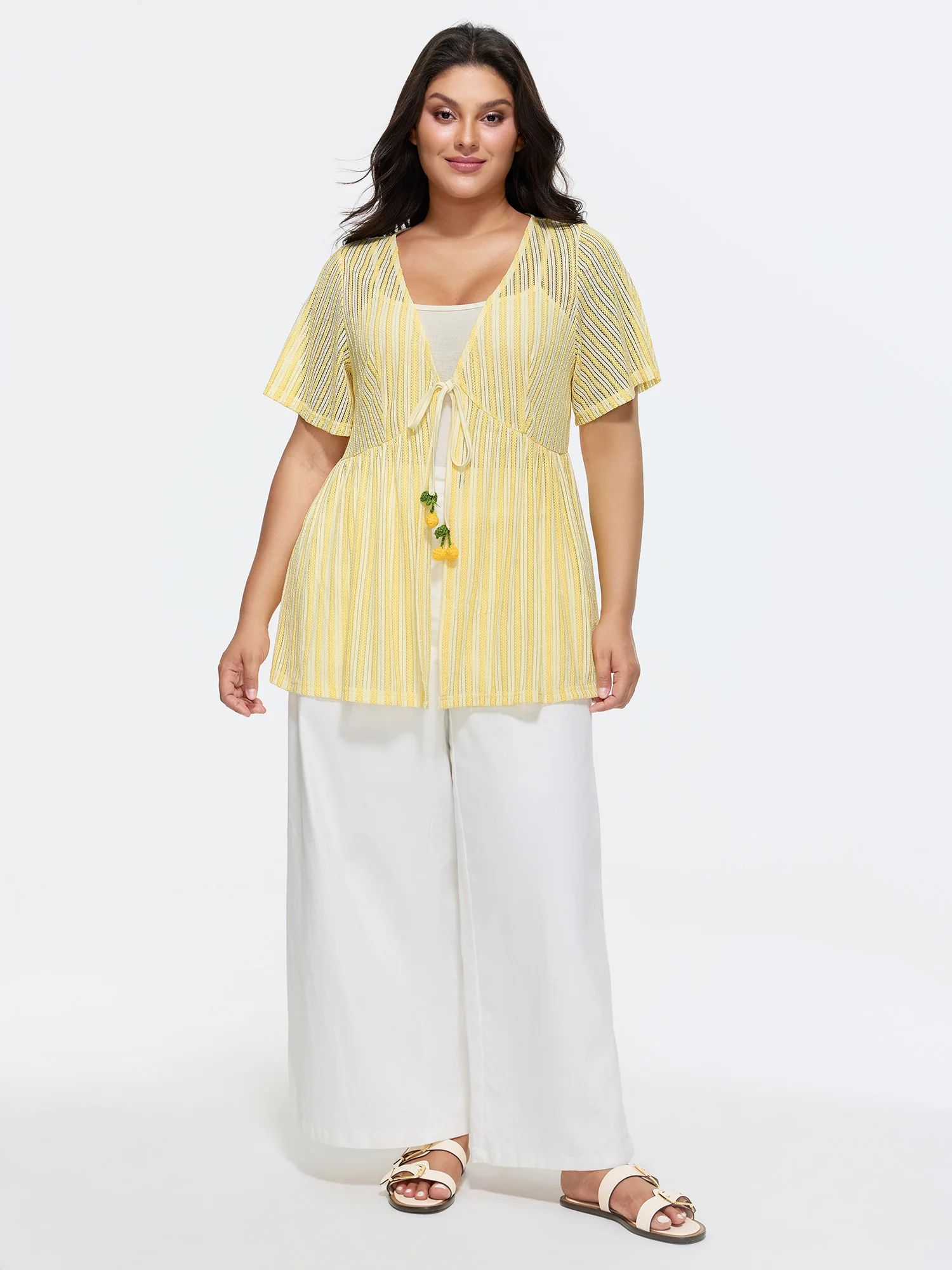 Stretchy Hollowed-Out Front-Tie Shirt - Image 3
