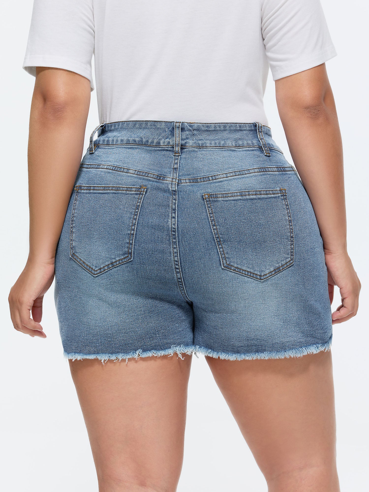Stretchy Mid-Rise Raw Hem Denim Shorts - Image 6
