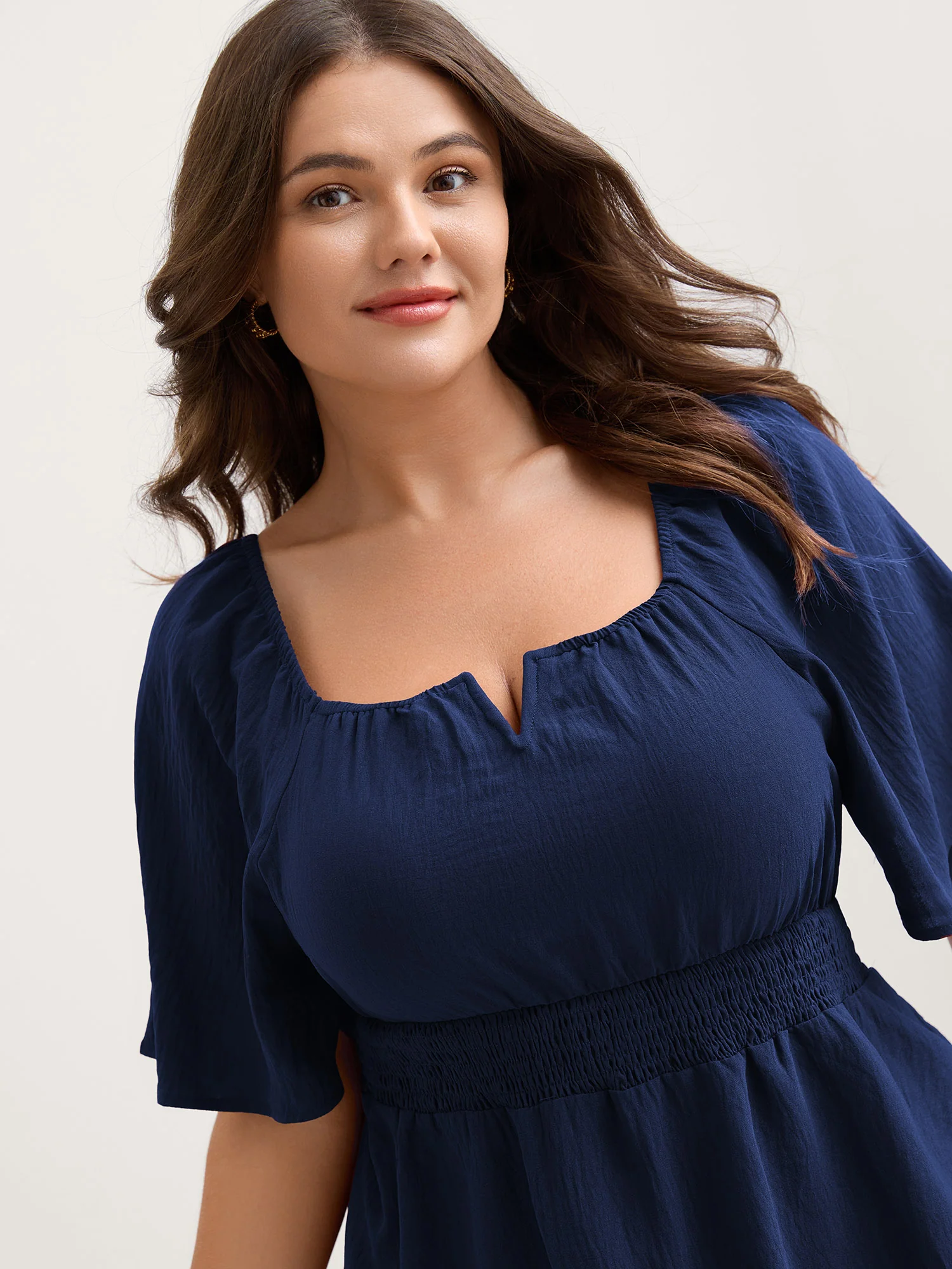 Stretchy Neckline Waist-Cinched Solid Blouse - Image 12