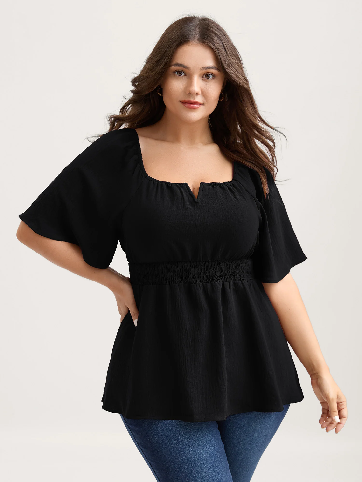 Stretchy Neckline Waist-Cinched Solid Blouse - Image 2