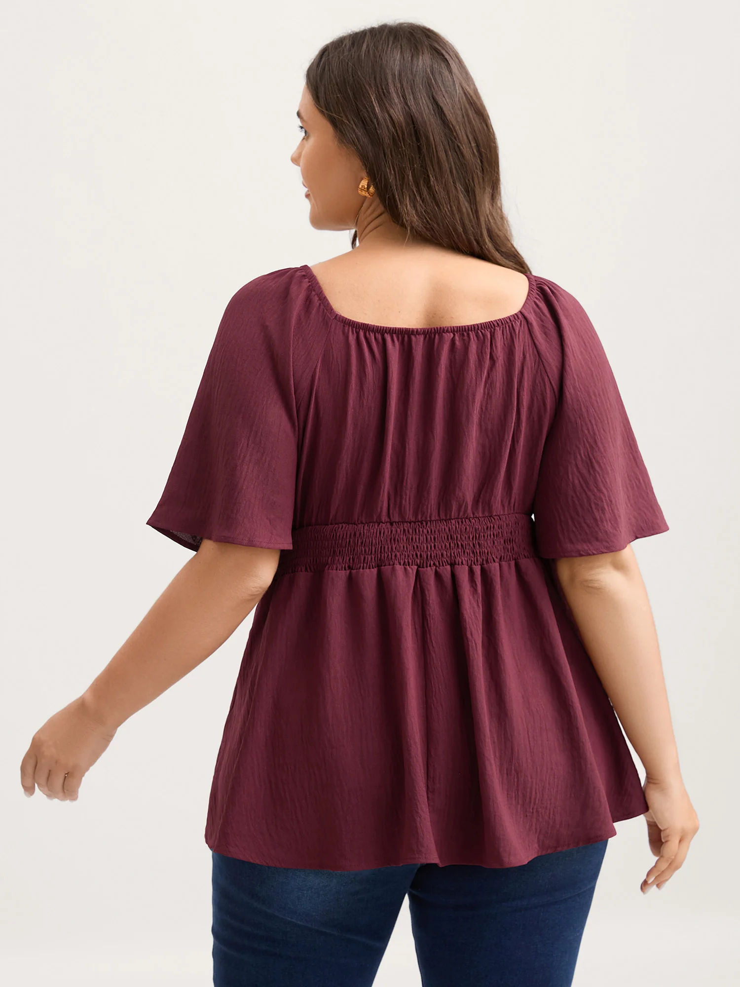 Stretchy Neckline Waist-Cinched Solid Blouse - Image 8