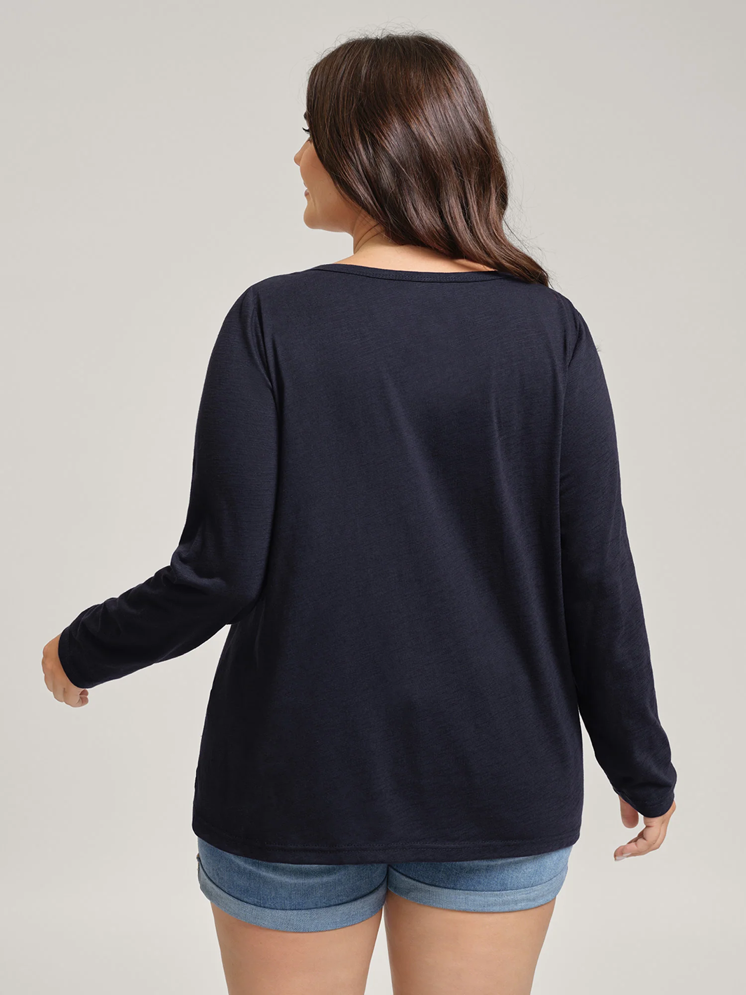 Stretchy Split Button Neckline Basic T-Shirt - Image 4