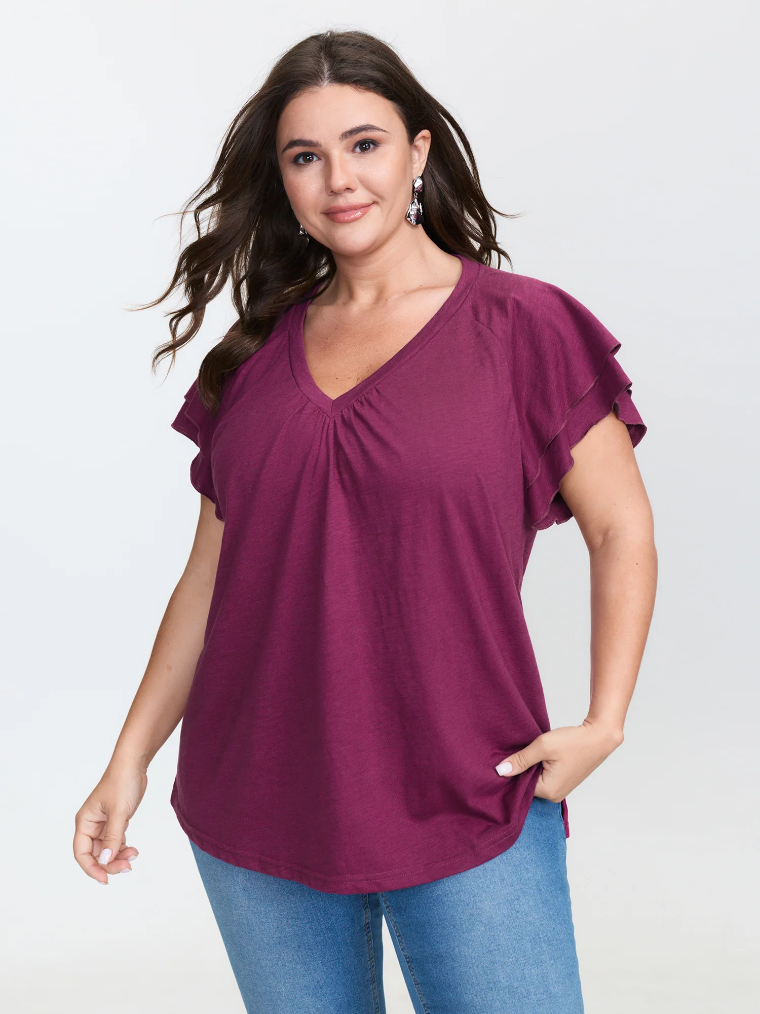 Stretchy Textured Flared Sleeve T-Shirt
