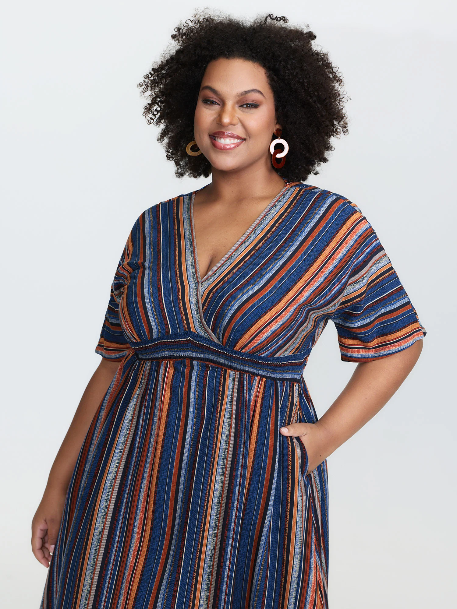 Striped Contrast Dolman Sleeve Shirred Pocket Split Flutter Dress - Image 2
