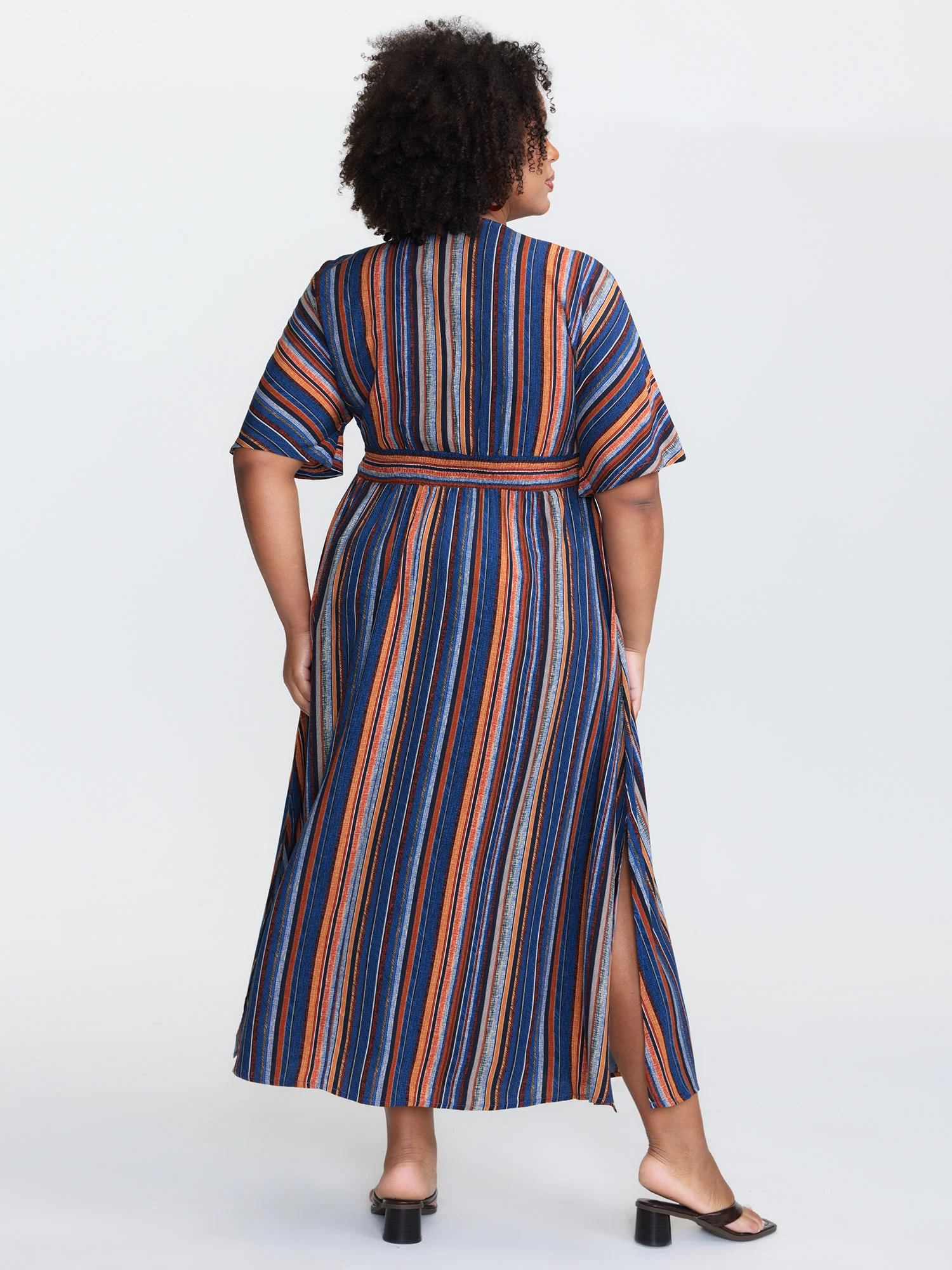 Striped Contrast Dolman Sleeve Shirred Pocket Split Flutter Dress - Image 4