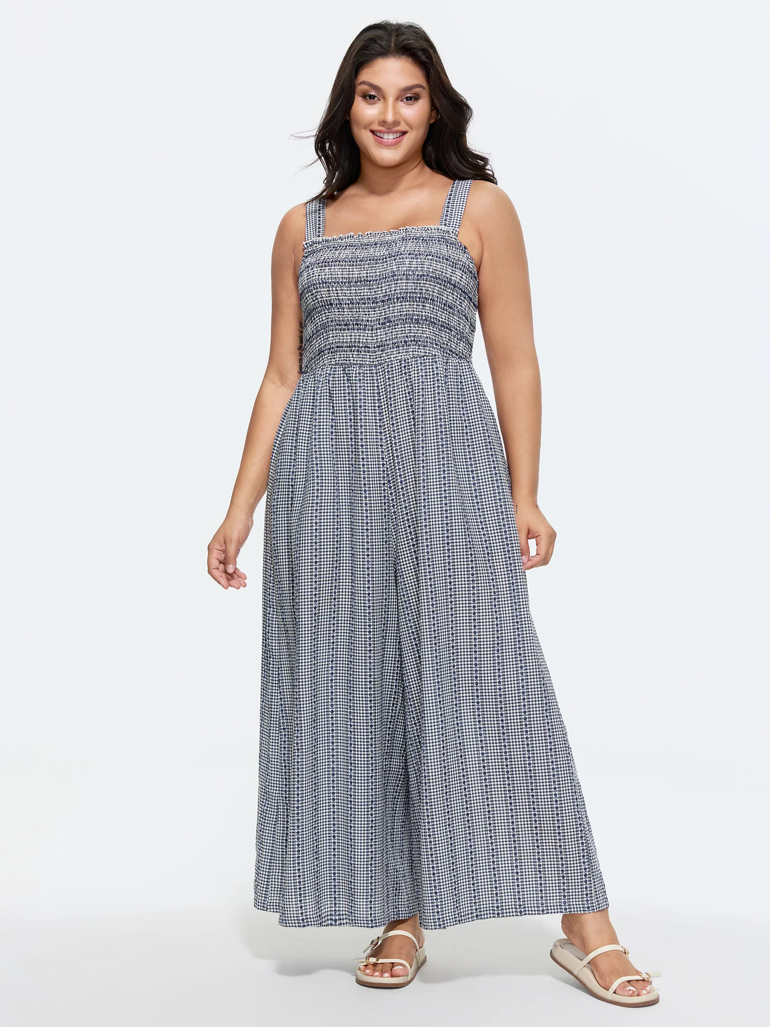 Striped Print Shirred Wide-Straps Jumpsuit - Image 3
