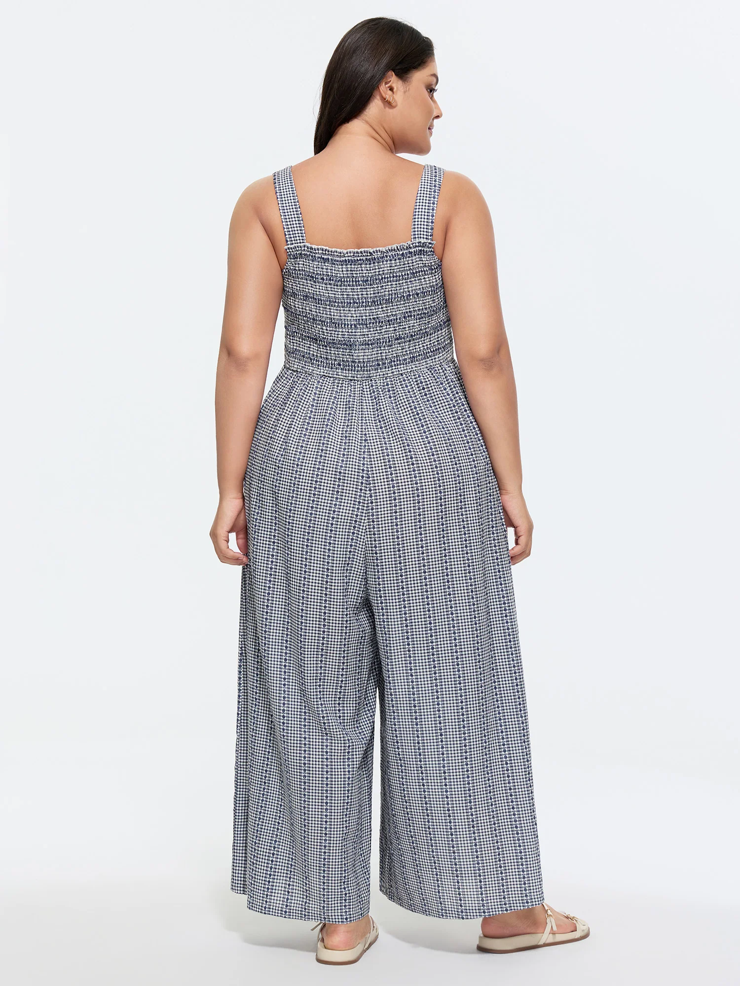 Striped Print Shirred Wide-Straps Jumpsuit - Image 4