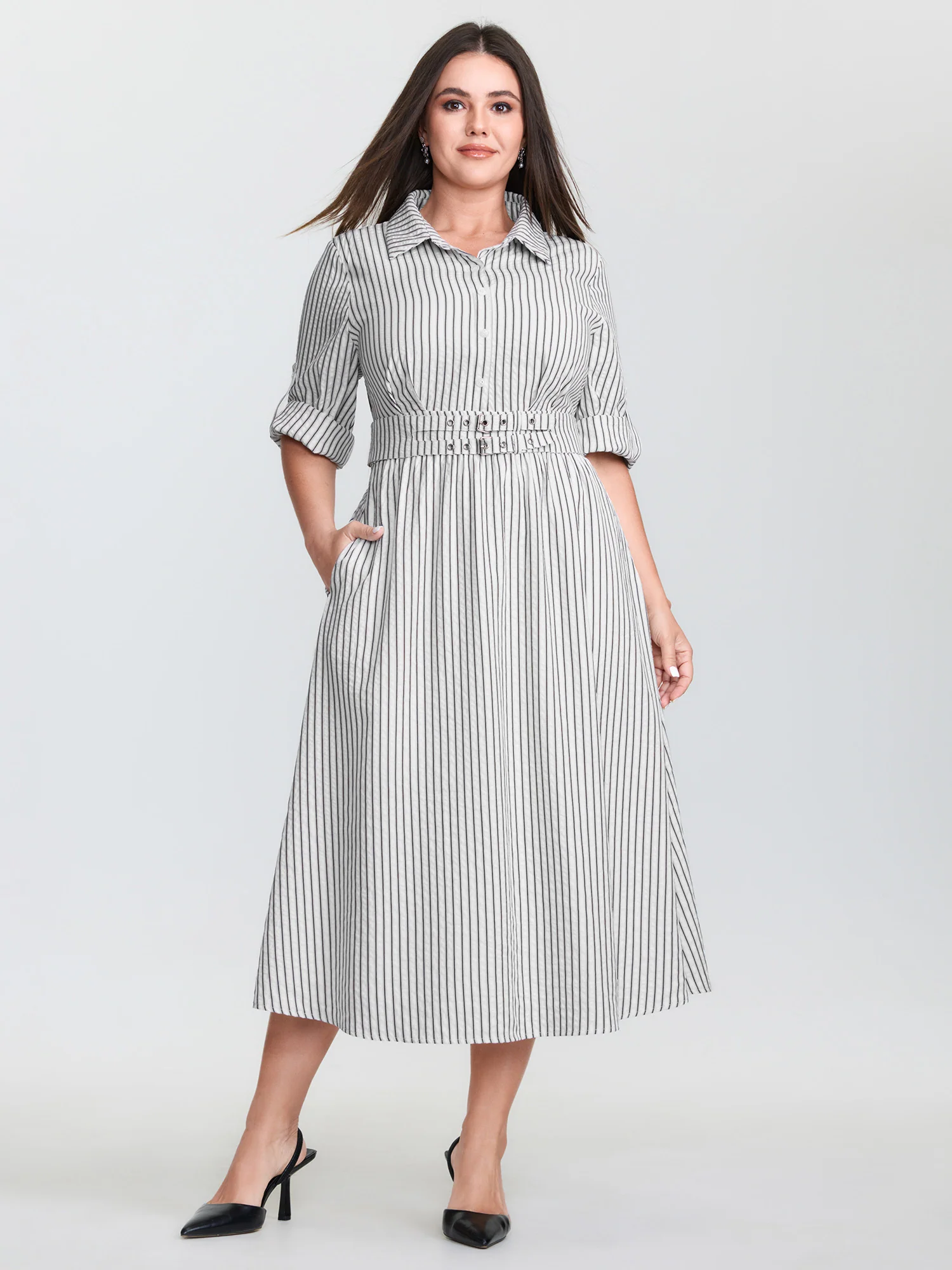Striped Tab Sleeve Double Belt Midi Shirt Dress - Image 3