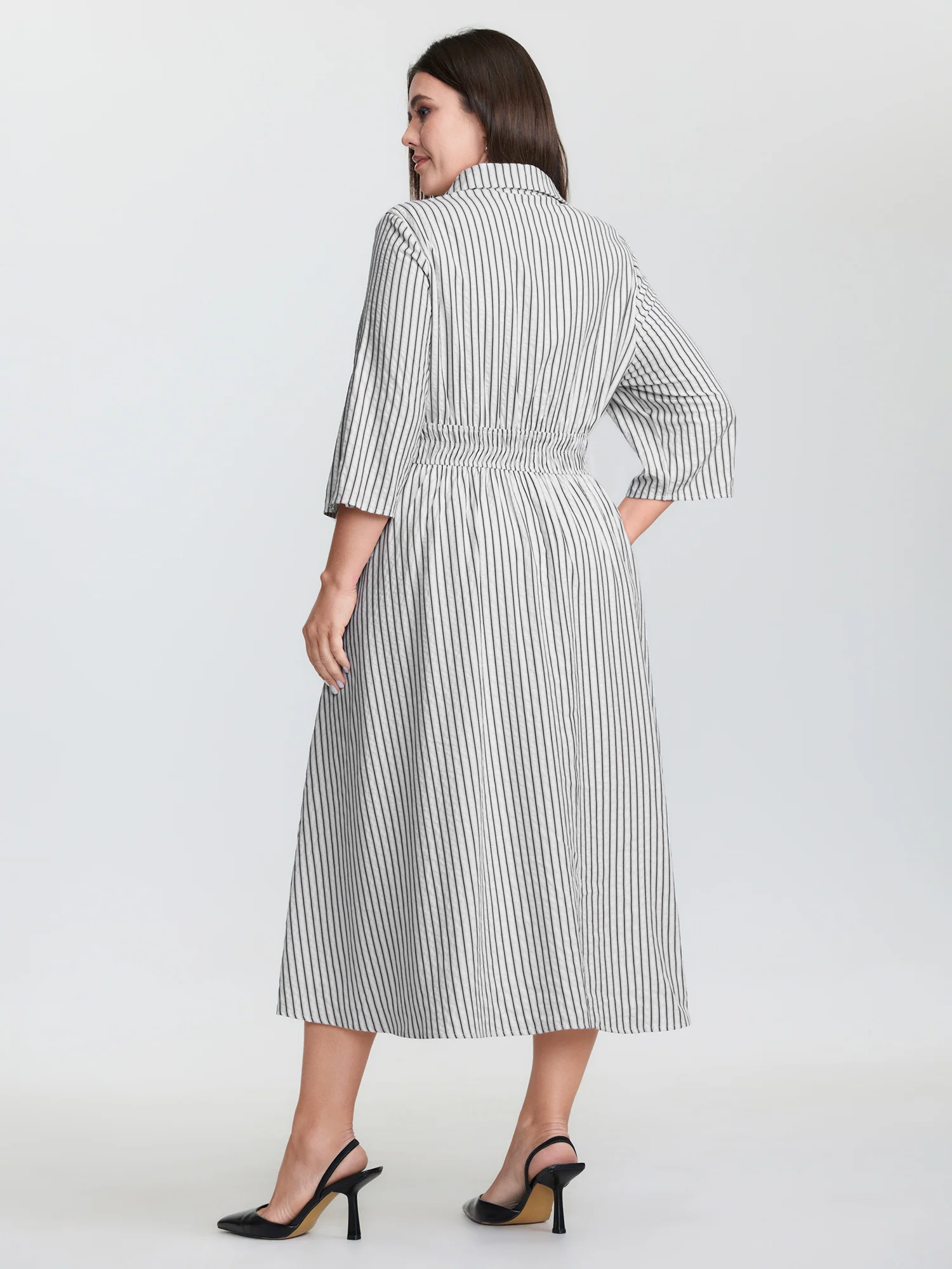 Striped Tab Sleeve Double Belt Midi Shirt Dress - Image 4