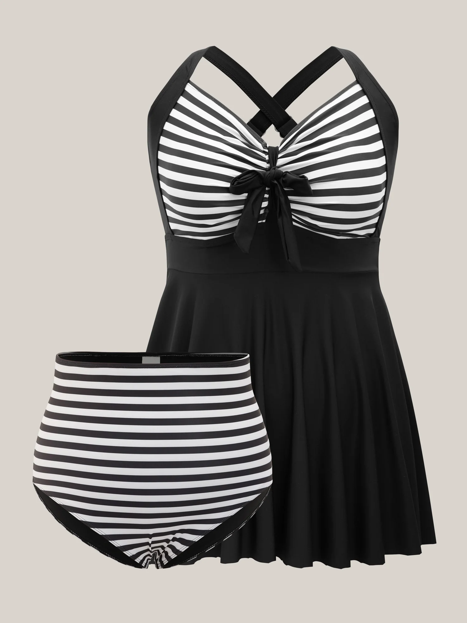 Stripes Patchwork Tie Knot Cross Straps Swim Dress - Image 5