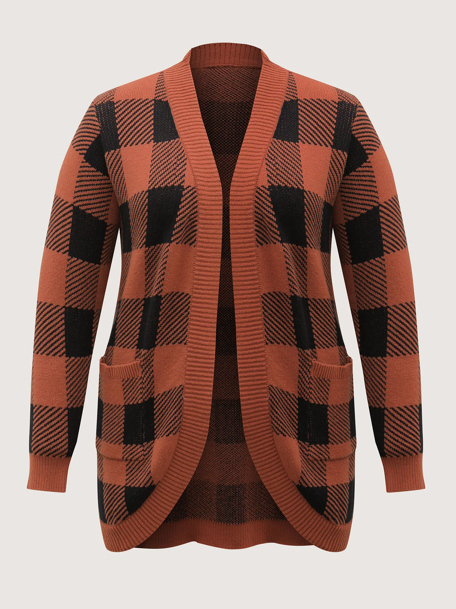 Supersoft Check Pattern Curvy Hem Pockets Cardigan - Image 7