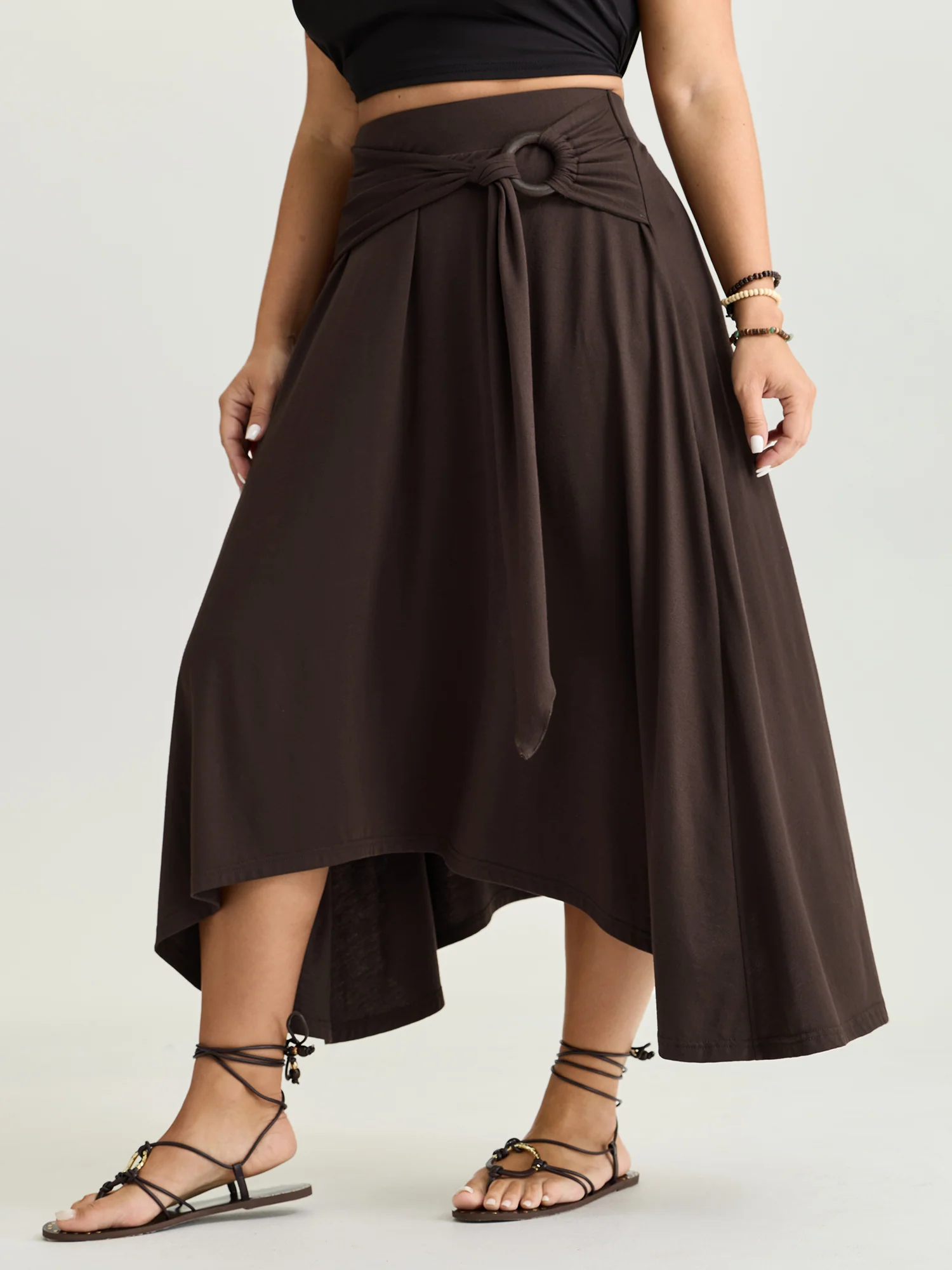 Supersoft Ring Detail Tie Asymmetrical Hem Midi Skirt