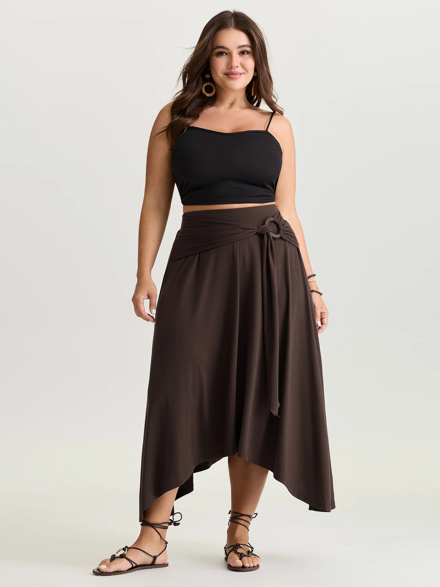 Supersoft Ring Detail Tie Asymmetrical Hem Midi Skirt - Image 2