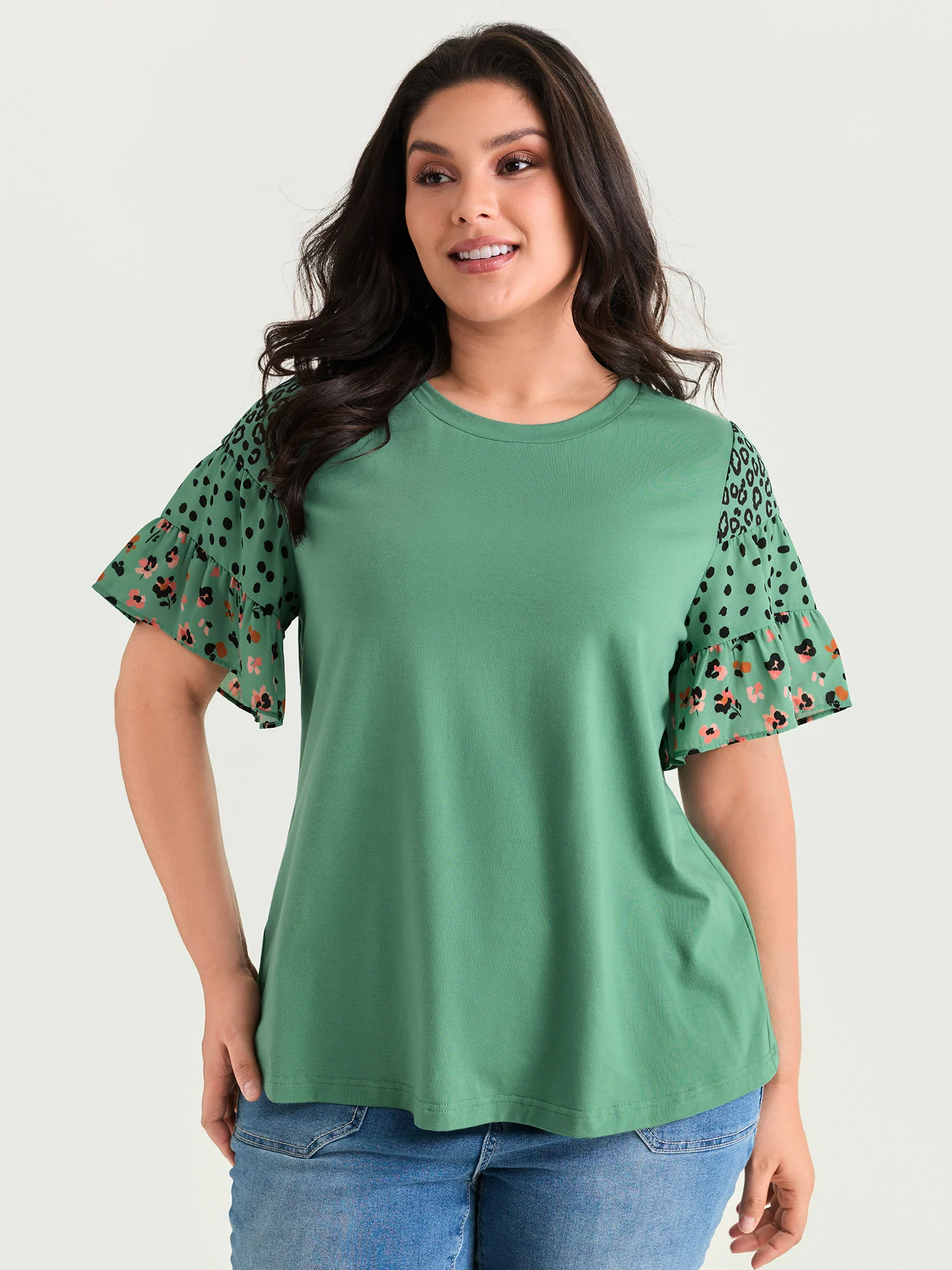 Supersoft Round Neck Color Block Floral Sleeve T-Shirt