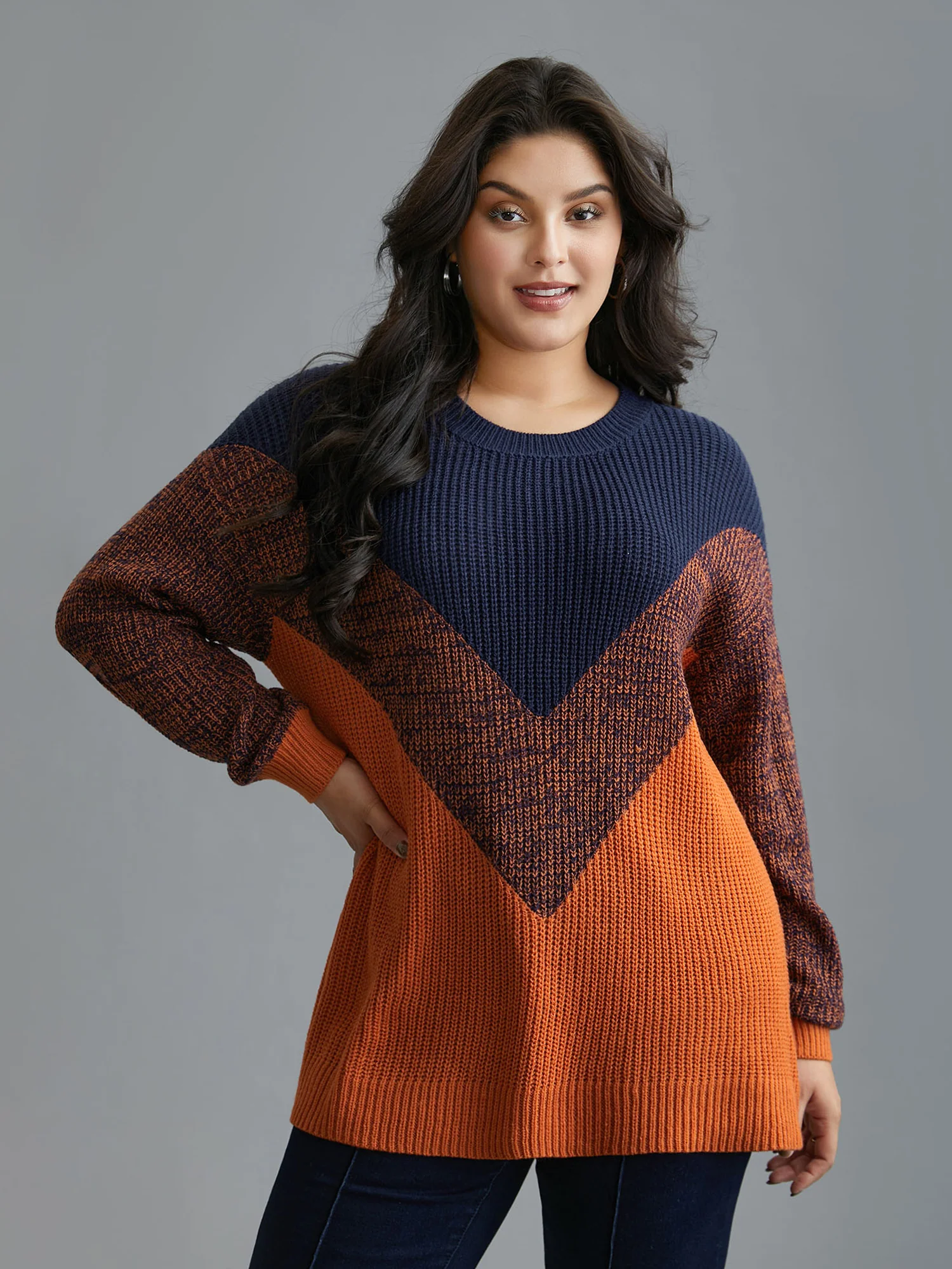 Textured Balloon Sleeves Color Block Pullover - Image 3