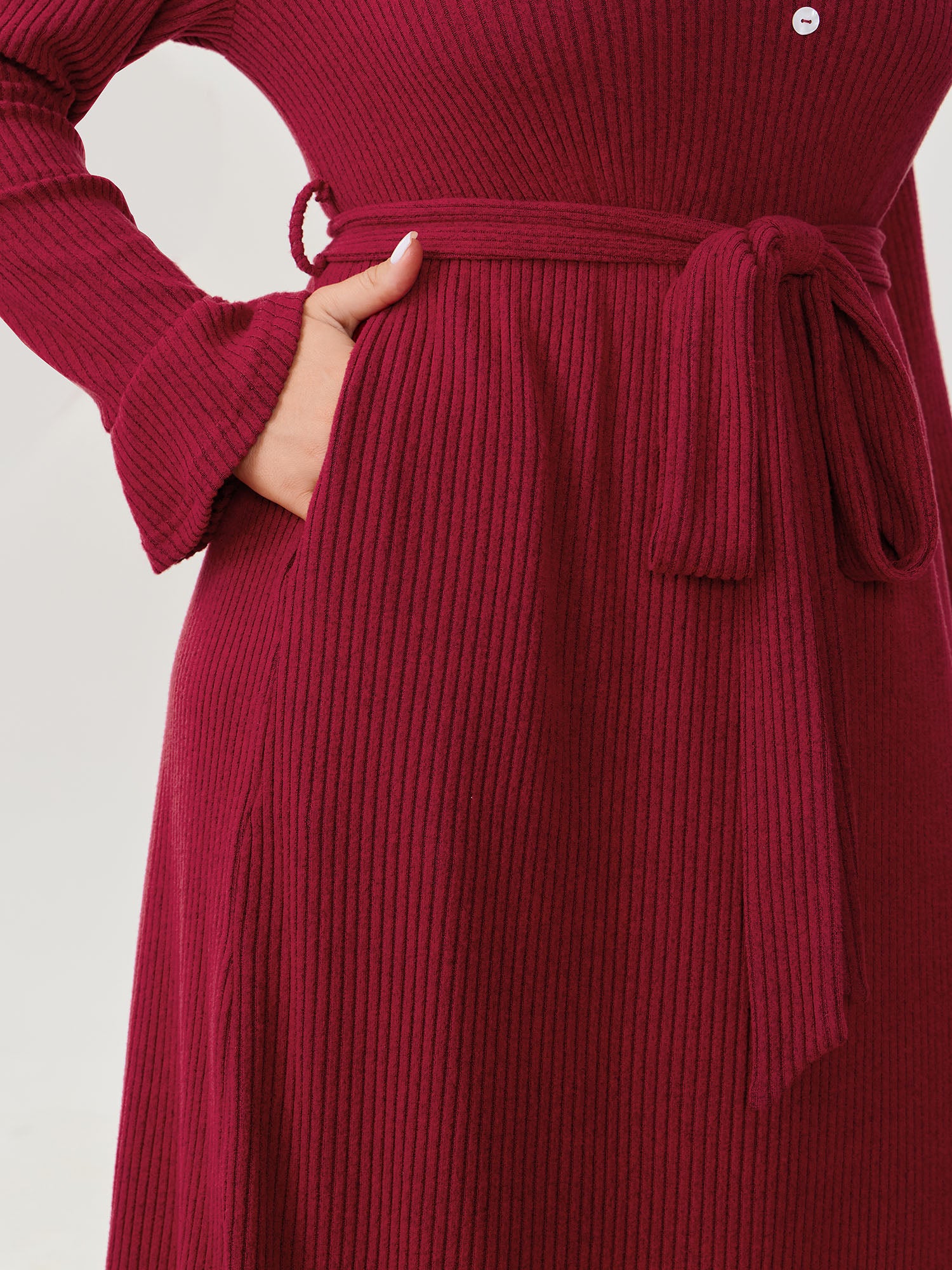 Textured Belted Waist Button Midi Dress - Image 4