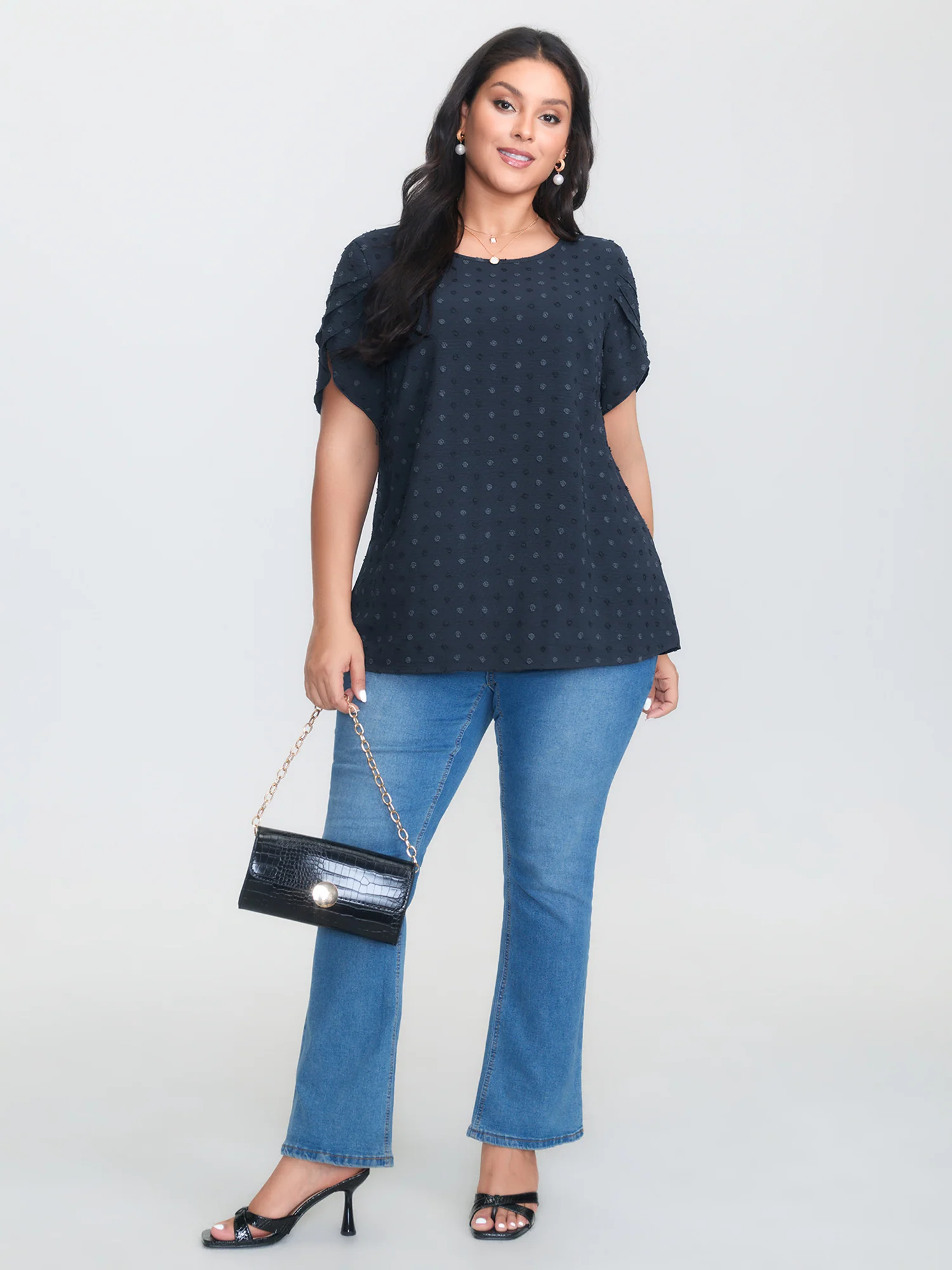 Textured Color Contrast Petal Sleeve Blouse - Image 11