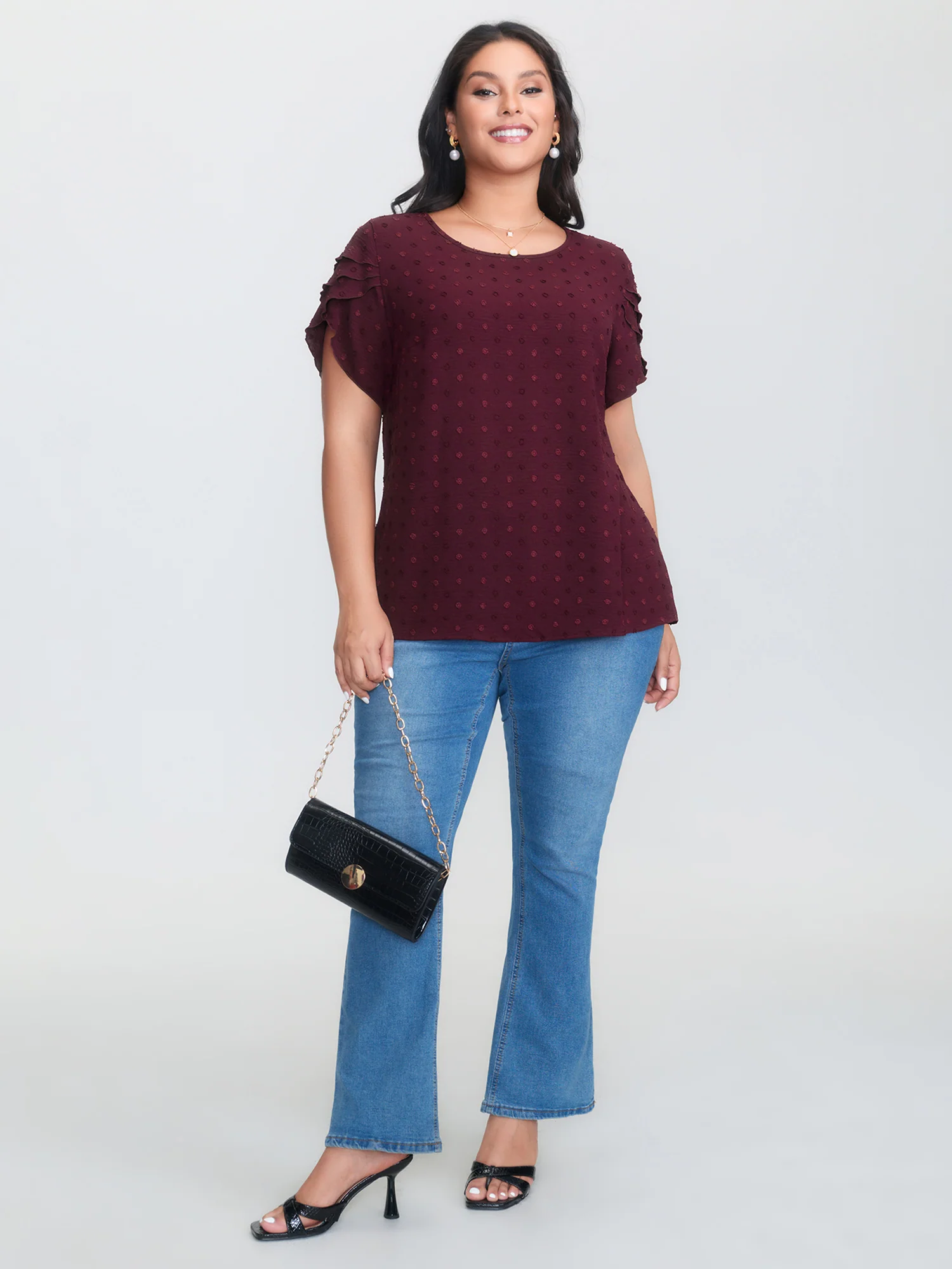 Textured Color Contrast Petal Sleeve Blouse - Image 3