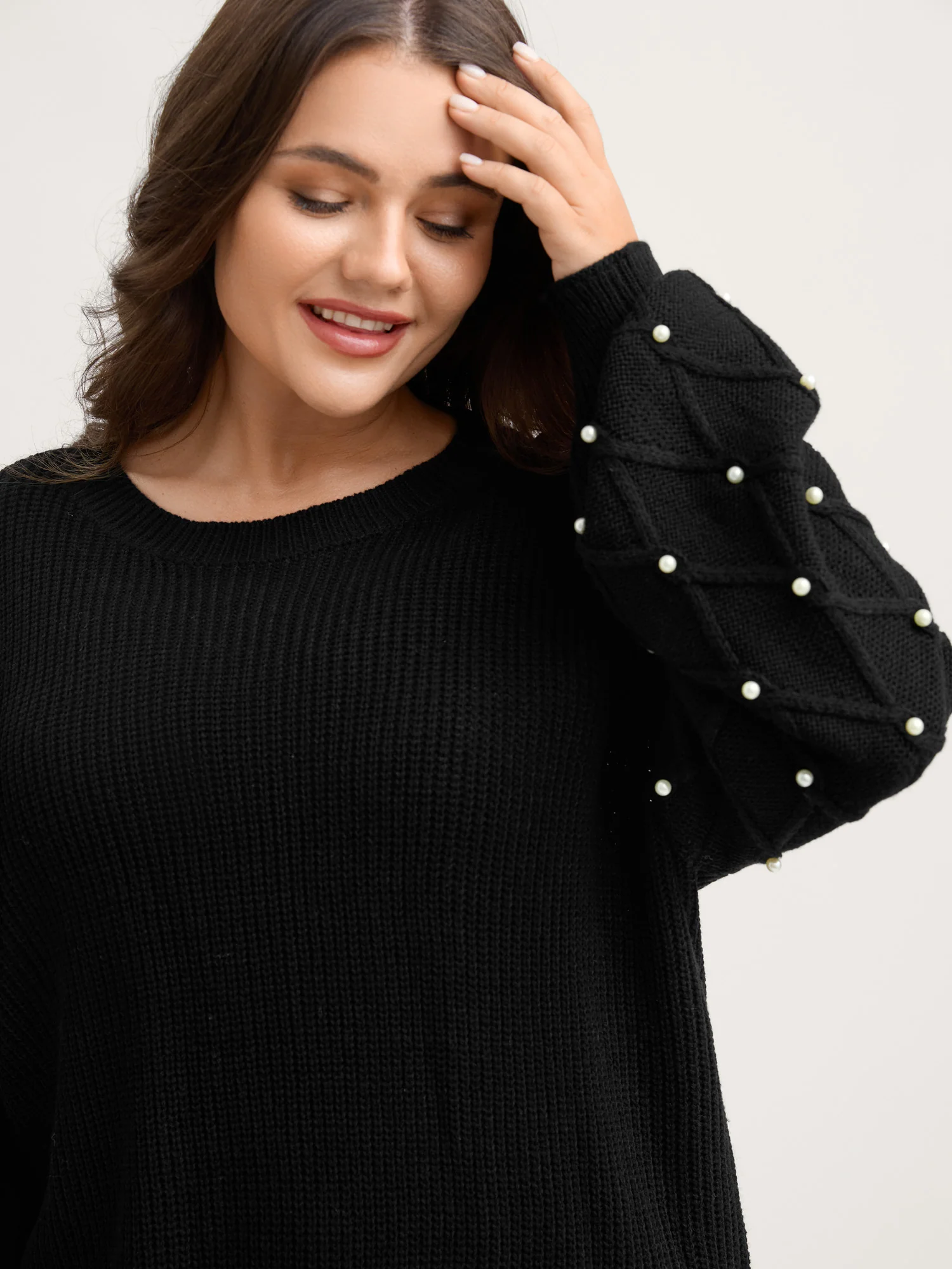 Textured Pearl Detail Drop Shoulder Pullover - Image 2