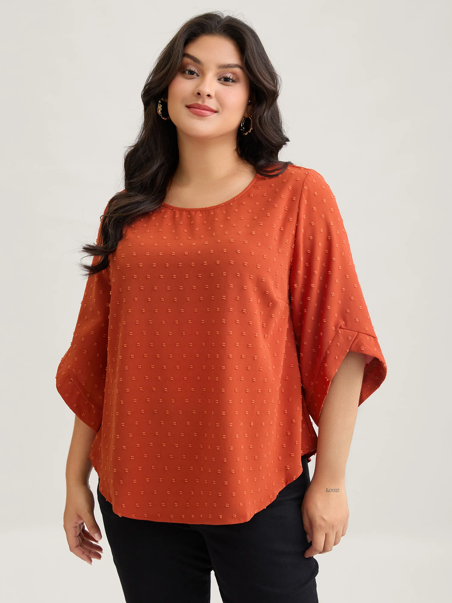 Textured Round Neck Bell Sleeve Blouse - Image 5