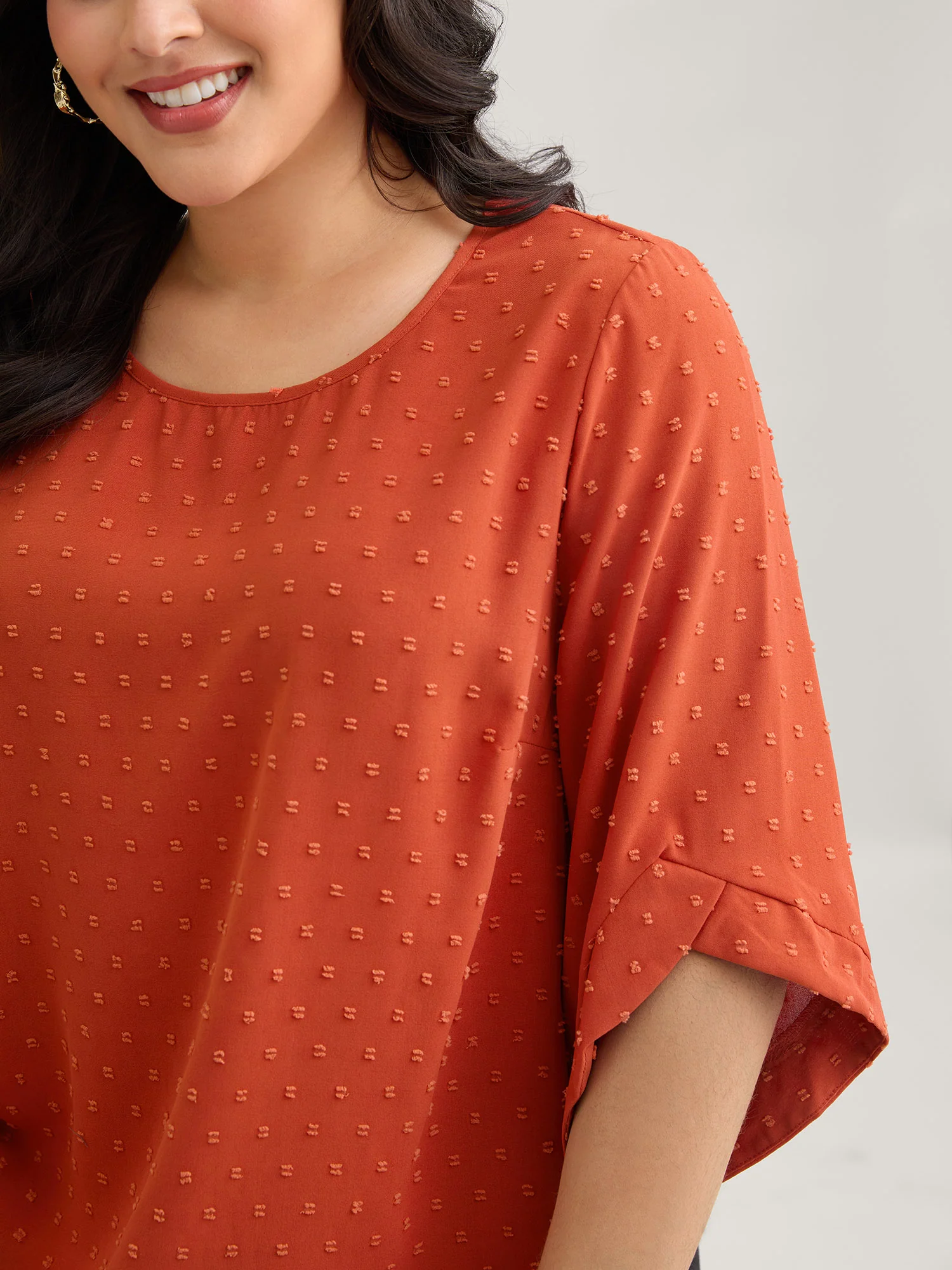Textured Round Neck Bell Sleeve Blouse - Image 6