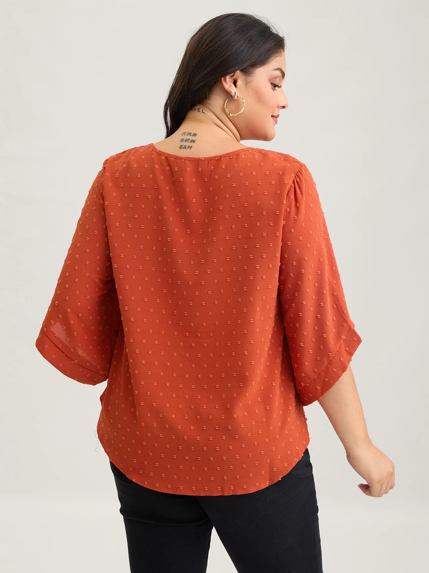 Textured Round Neck Bell Sleeve Blouse - Image 8