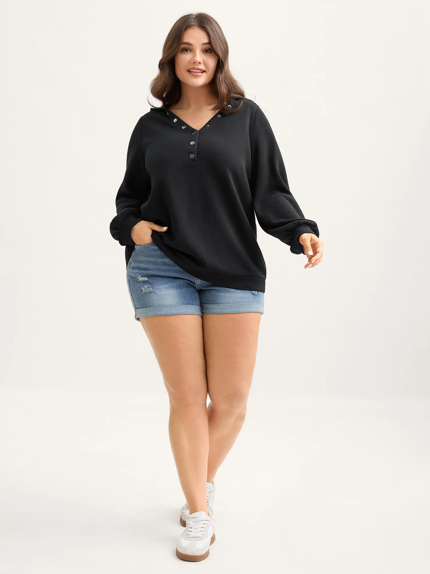 Textured Snap Buttons Hooded Sweatshirt - Image 3