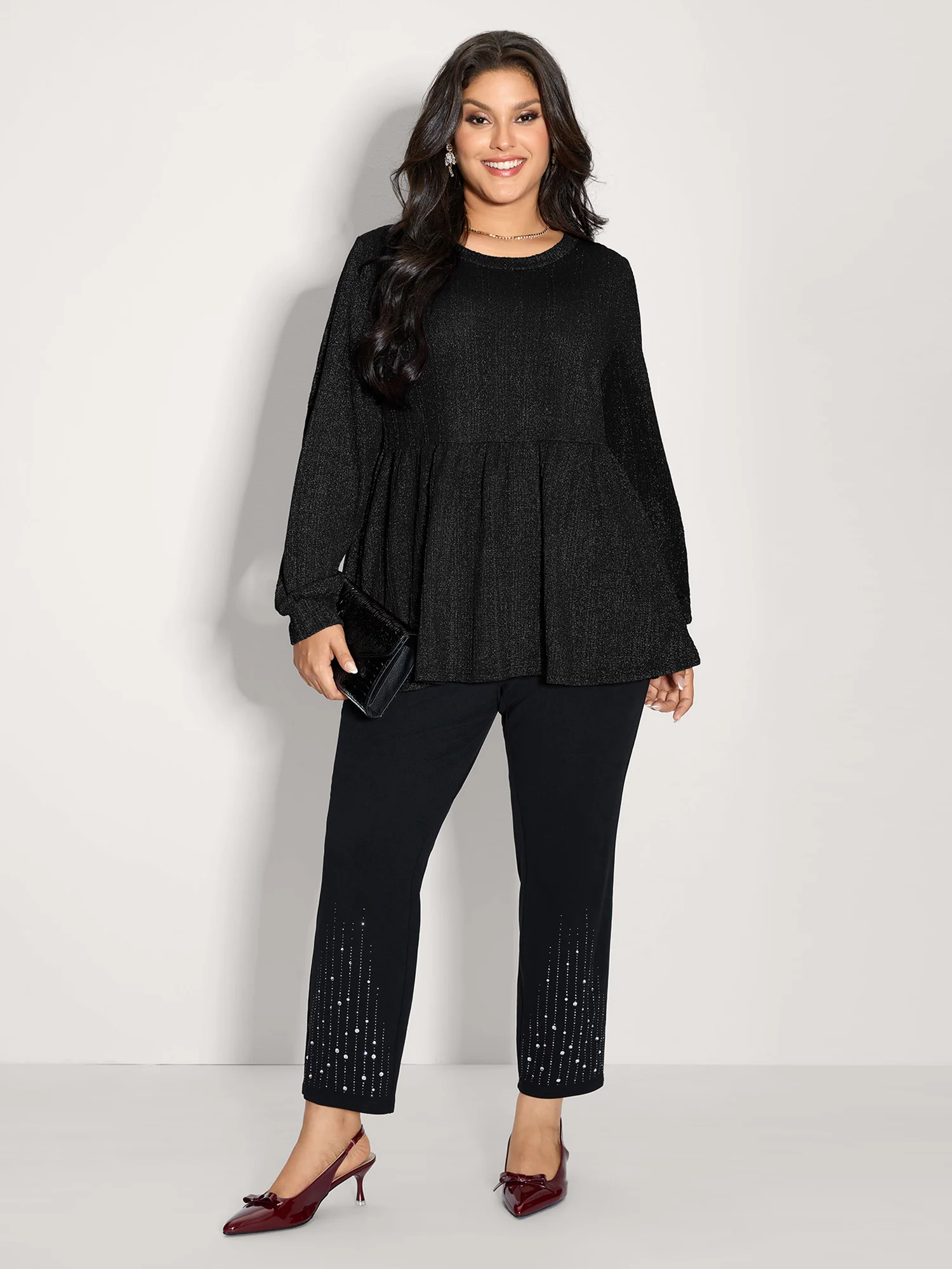 Textured Stretchy Flared Knit Top - Image 14