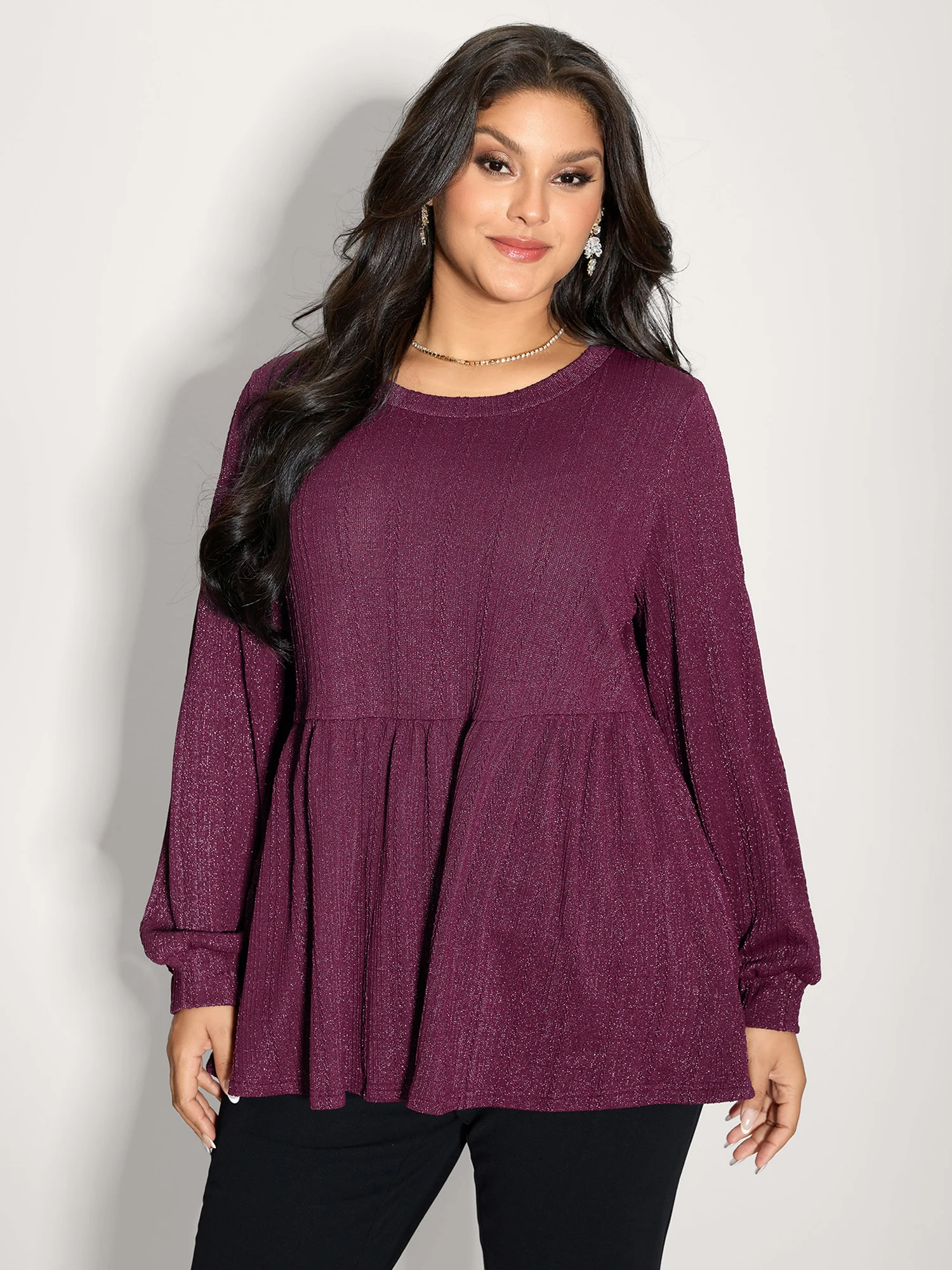 Textured Stretchy Flared Knit Top - Image 5