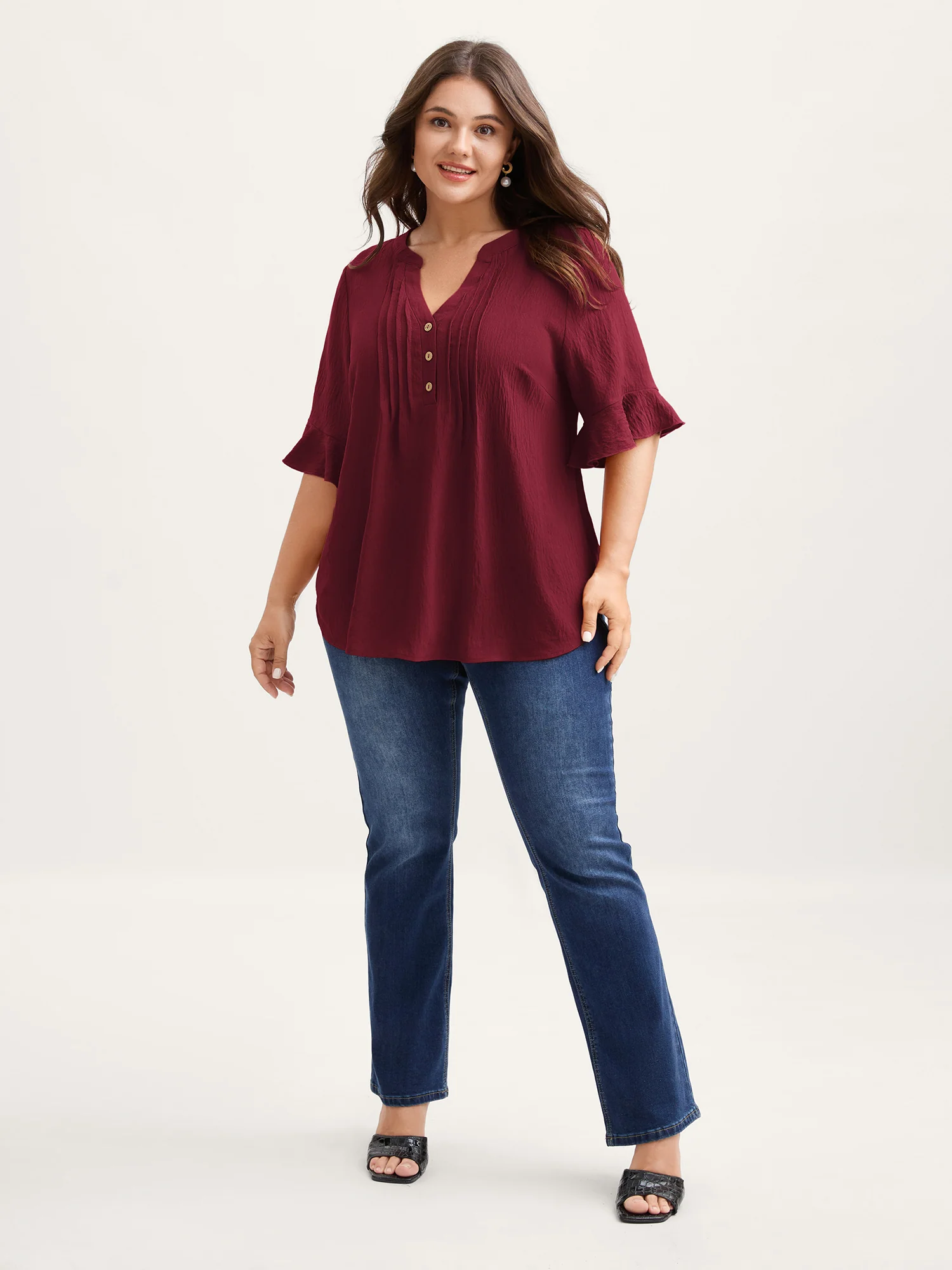Toothpick Pleats Ruffled Sleeve Solid Blouse - Image 3