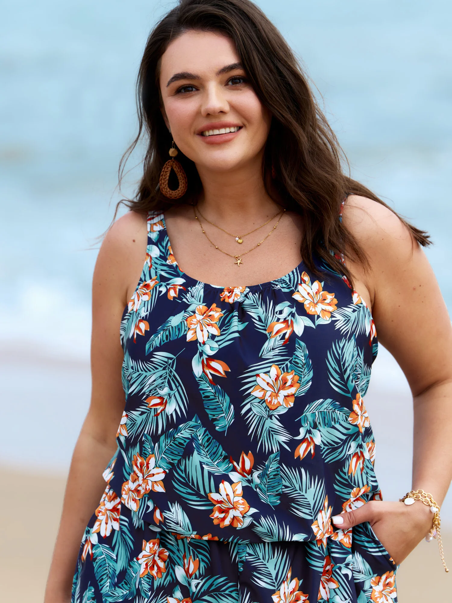 Tropical Flower Print Pockets One-Piece Swimsuit - Image 20