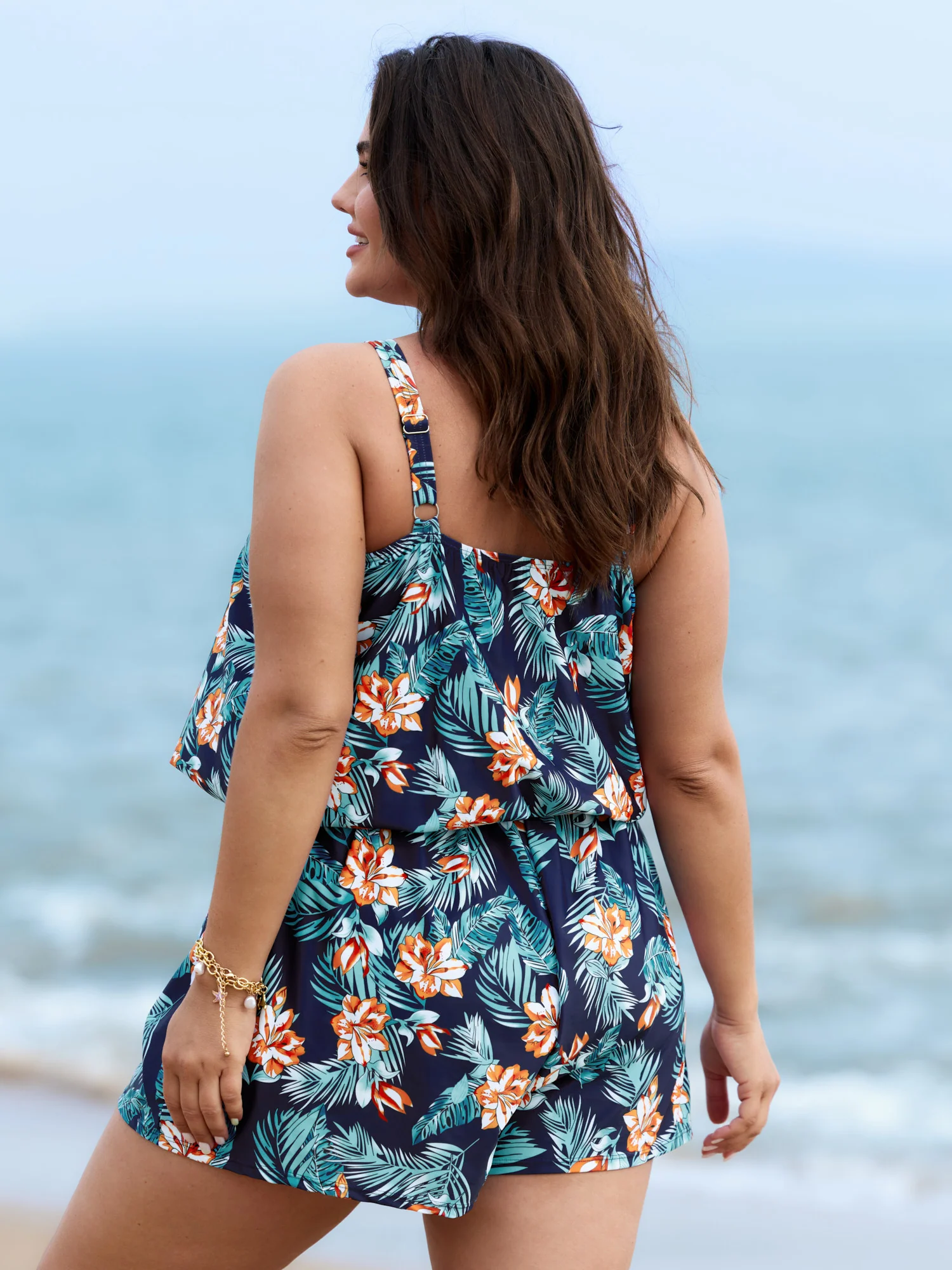 Tropical Flower Print Pockets One-Piece Swimsuit - Image 24