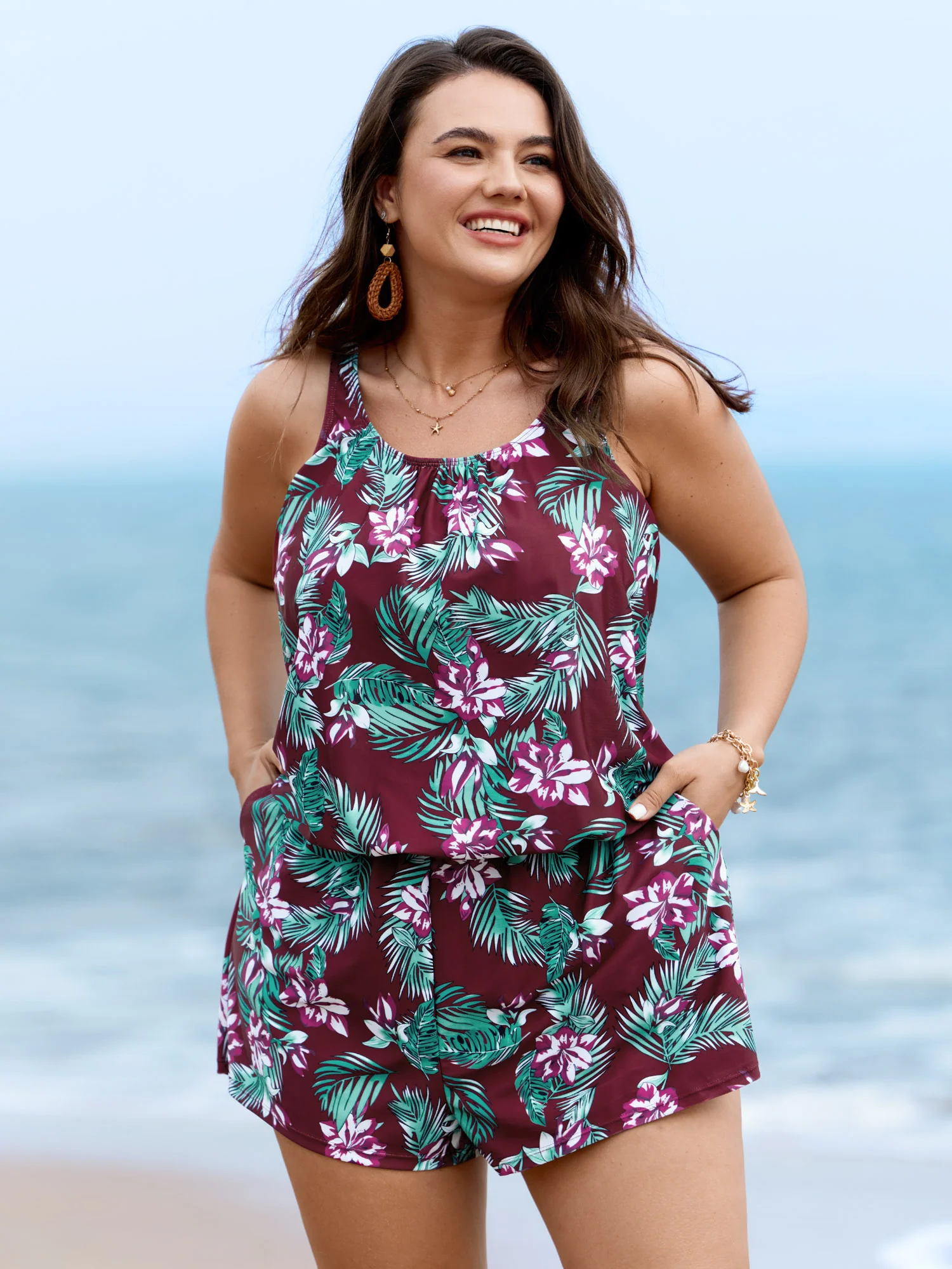 Tropical Flower Print Pockets One-Piece Swimsuit - Image 37