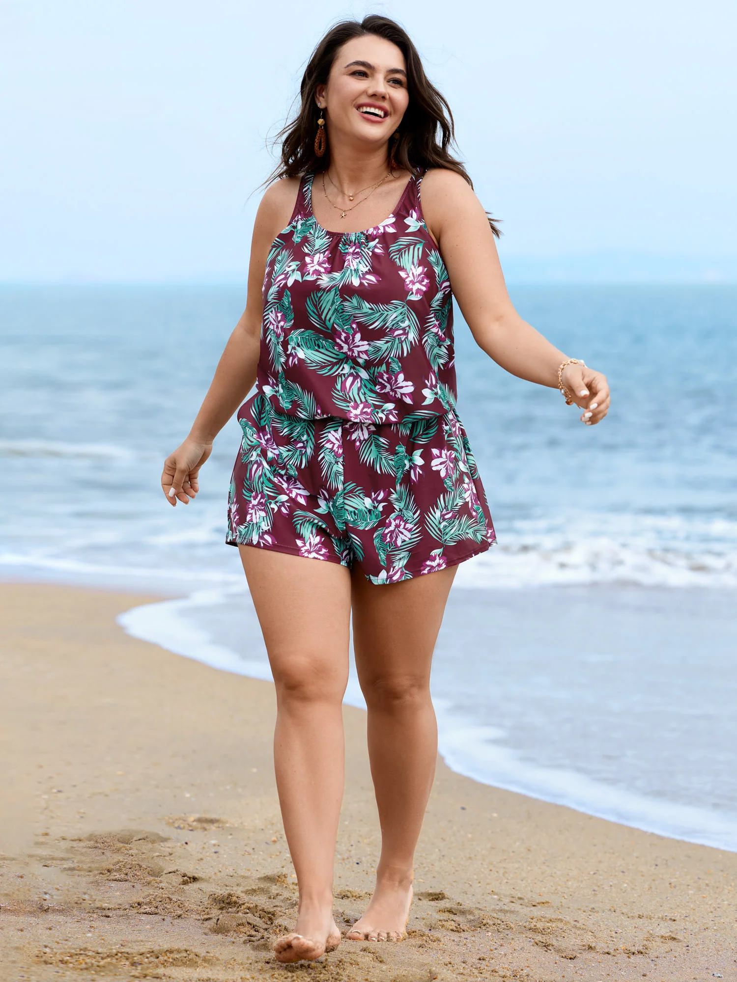 Tropical Flower Print Pockets One-Piece Swimsuit - Image 39