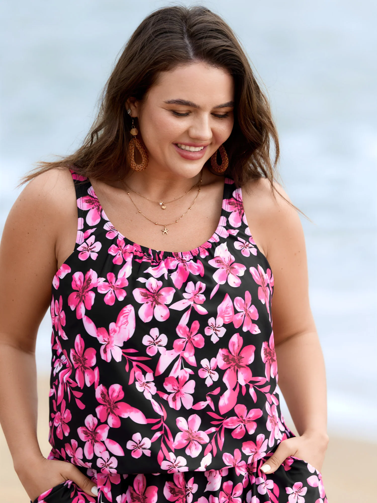 Tropical Flower Print Pockets One-Piece Swimsuit - Image 47