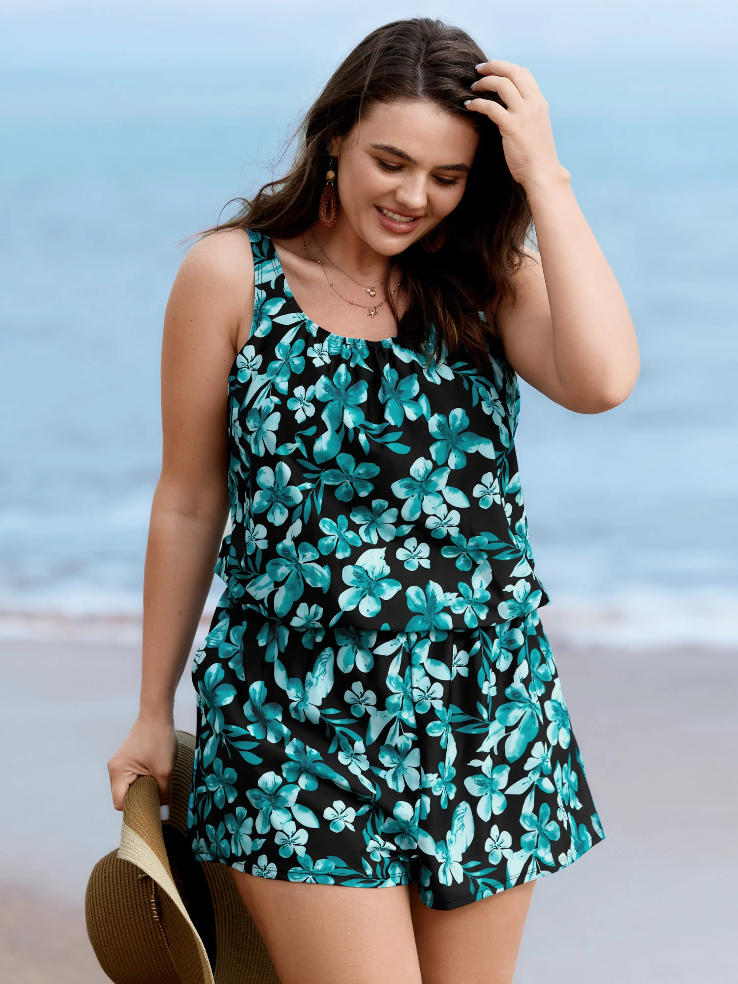 Tropical Flower Print Pockets One-Piece Swimsuit - Image 55