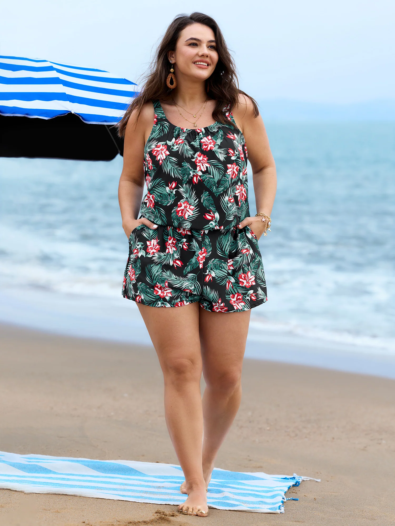 Tropical Flower Print Pockets One-Piece Swimsuit - Image 66