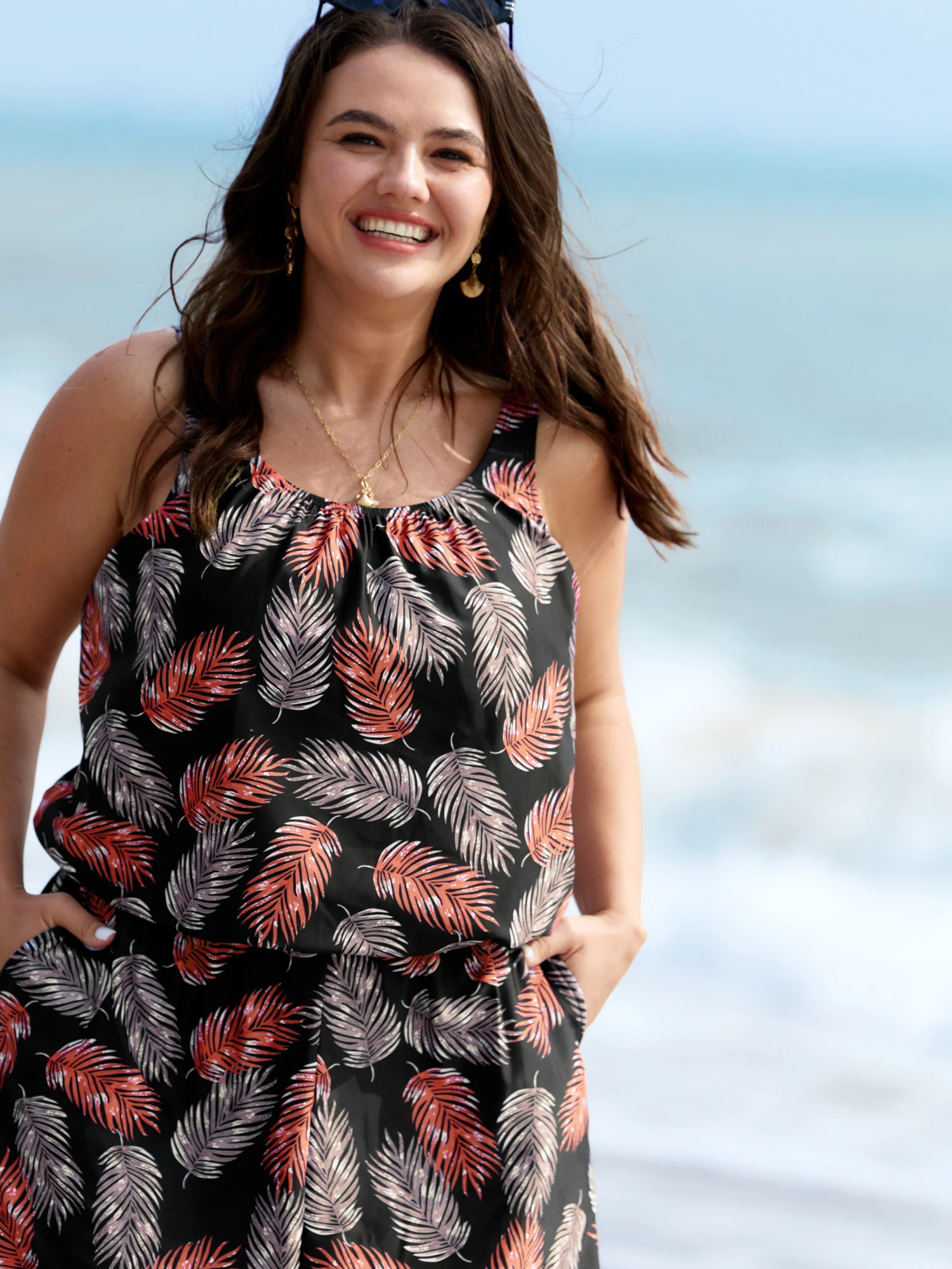 Tropical Flower Print Pockets One-Piece Swimsuit - Image 75