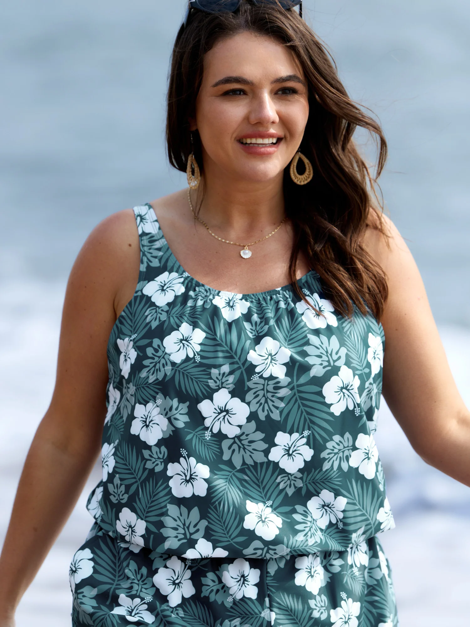 Tropical Flower Print Pockets One-Piece Swimsuit - Image 84
