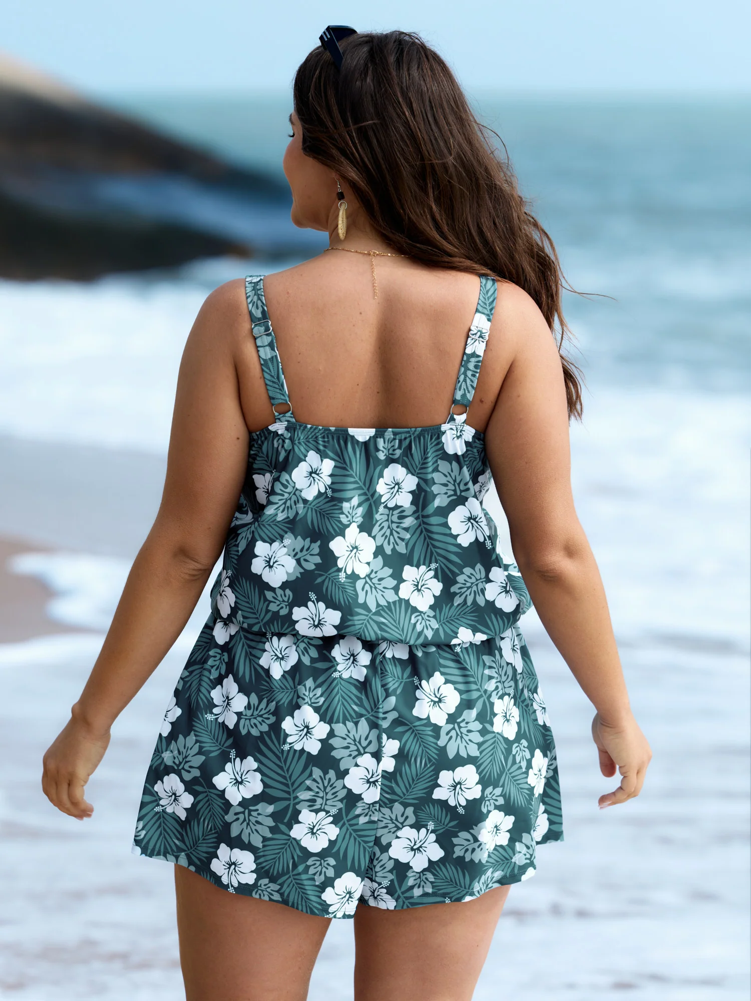 Tropical Flower Print Pockets One-Piece Swimsuit - Image 88