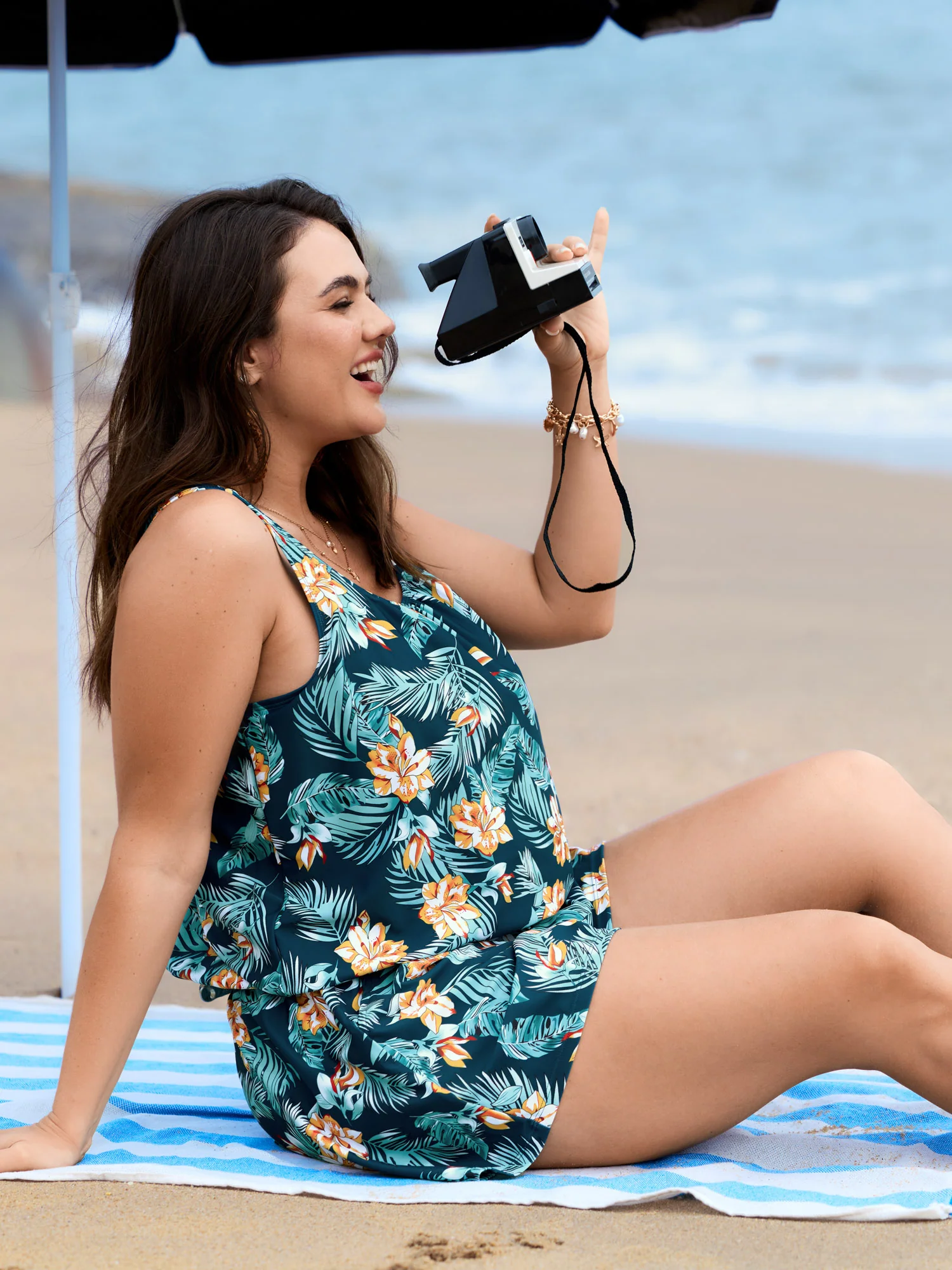 Tropical Flower Print Pockets One-Piece Swimsuit - Image 93