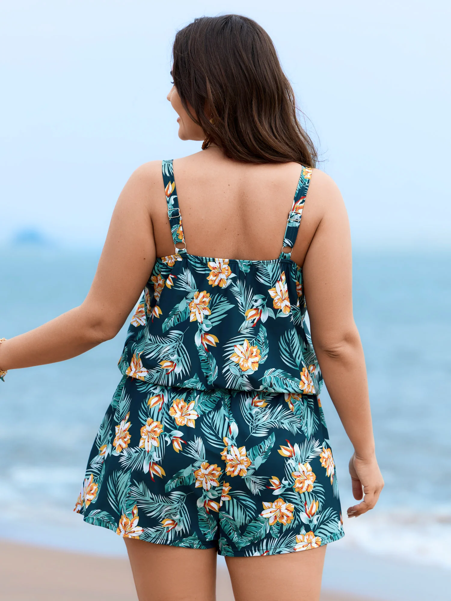 Tropical Flower Print Pockets One-Piece Swimsuit - Image 96