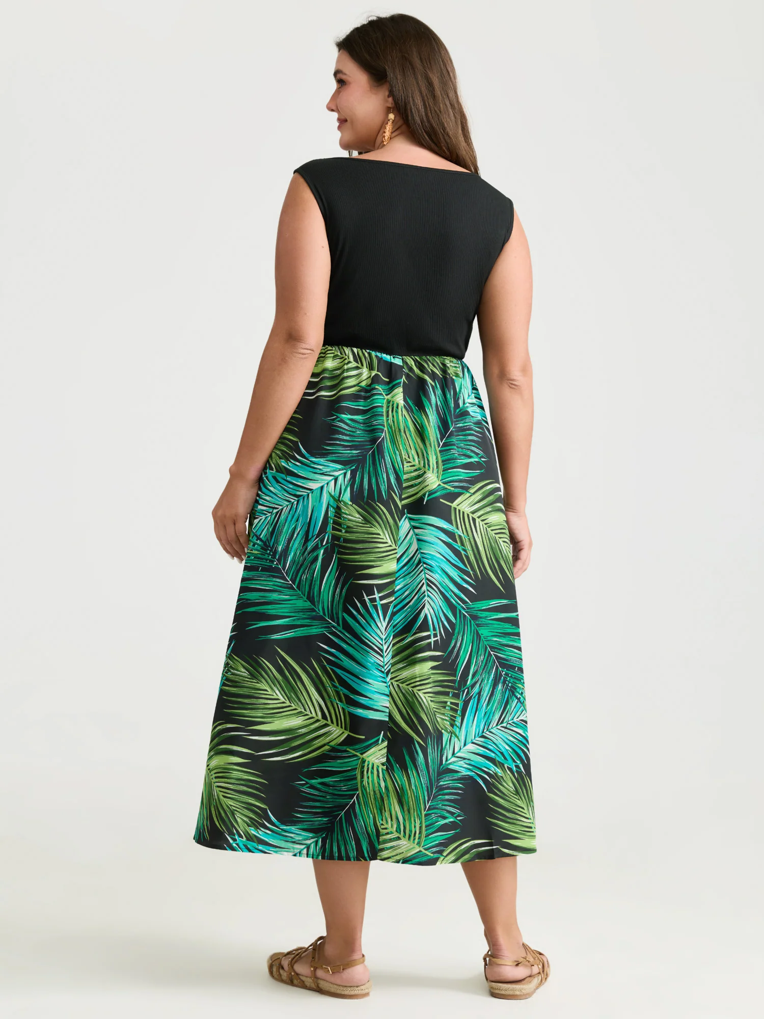 Tropical Palm Print A-Line Midi Dress - Image 4
