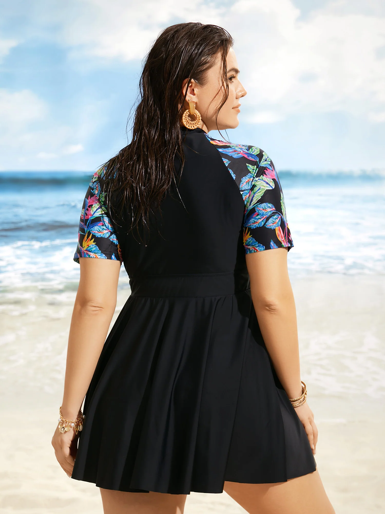 Tropical Print Half Zip Raglan Sleeve Swim Dress - Image 2