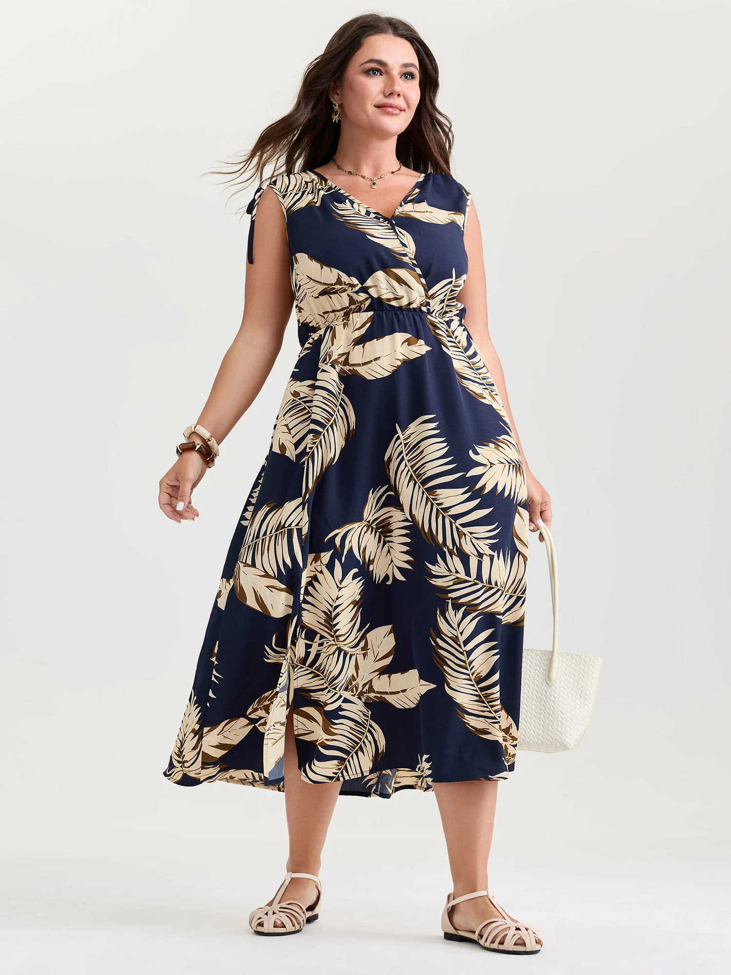 Tropical Print Wrap Neck Shoulder-Tie Midi Dress - Image 3