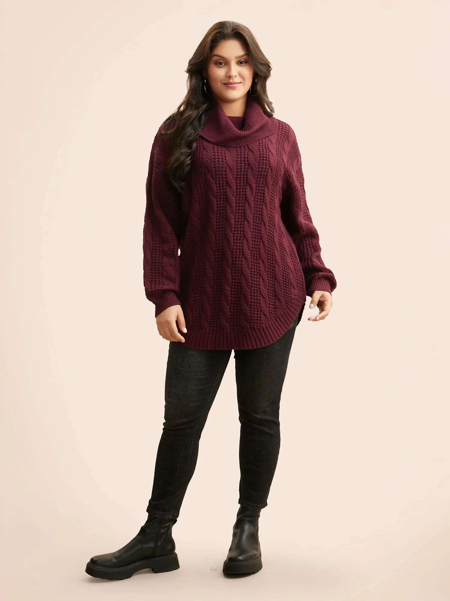 Turtleneck Cable Knit Curved Hem Pullover - Image 12
