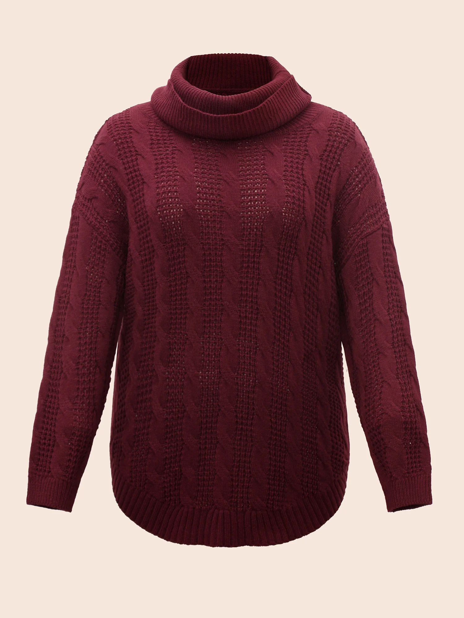 Turtleneck Cable Knit Curved Hem Pullover - Image 16